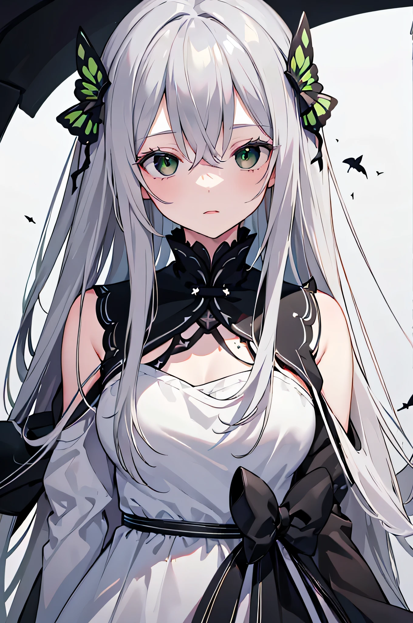 ((highest quality)),(debris flies, ultra high resolution),1 girl, beautiful and detailed face, fine eyes,((gray hair)),(((Black and Green theme))),((whole body)),perfect eyes、no background,white background,long dress,echidna,butterfly々hair accessory