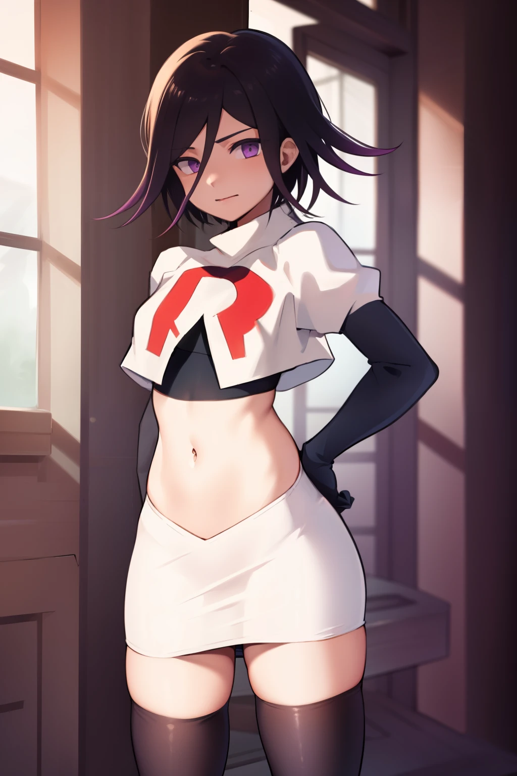 absurdres, cowboy shot, solo, male focus, trap, 1boy, crossdressing,1boy, oma kokichi, team rocket,team rocket uniform,white skirt,red letter R,crop top,black thigh-highs,black elbow gloves,