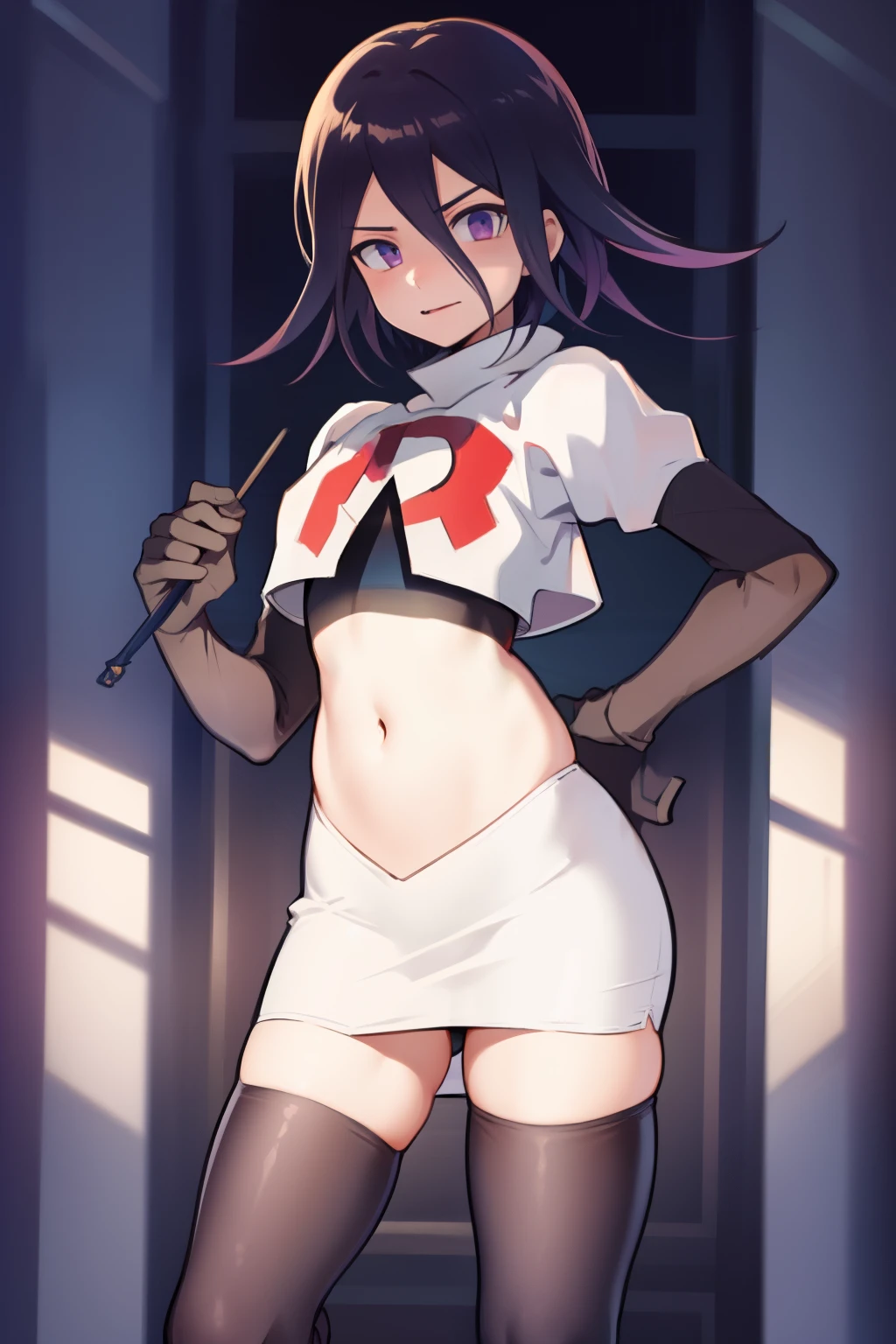 absurdres, cowboy shot, solo, male focus, trap, 1boy, crossdressing,1boy, oma kokichi, team rocket,team rocket uniform,white skirt,red letter R,crop top,black thigh-highs,black elbow gloves,