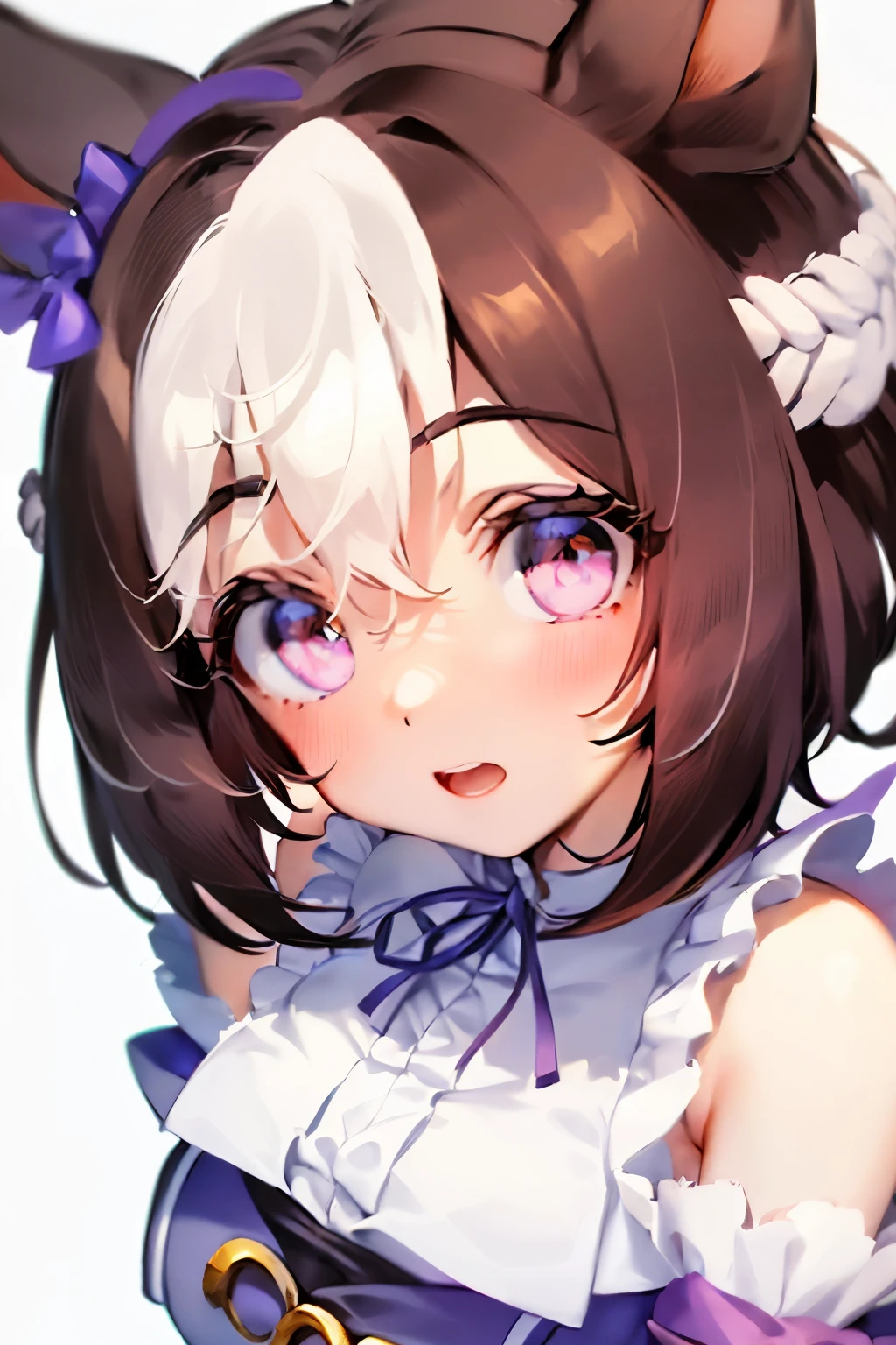 special_week_\(Umamusume)、bow ribbon、bow ribbon、bow ribbon、corsets、Fluffy breasts、nursing、toppless、teats、The upper part of the body、(Refers to the viewer:1.3)、Happiness、(White background:1.5)、(front-facing view:1.3)
