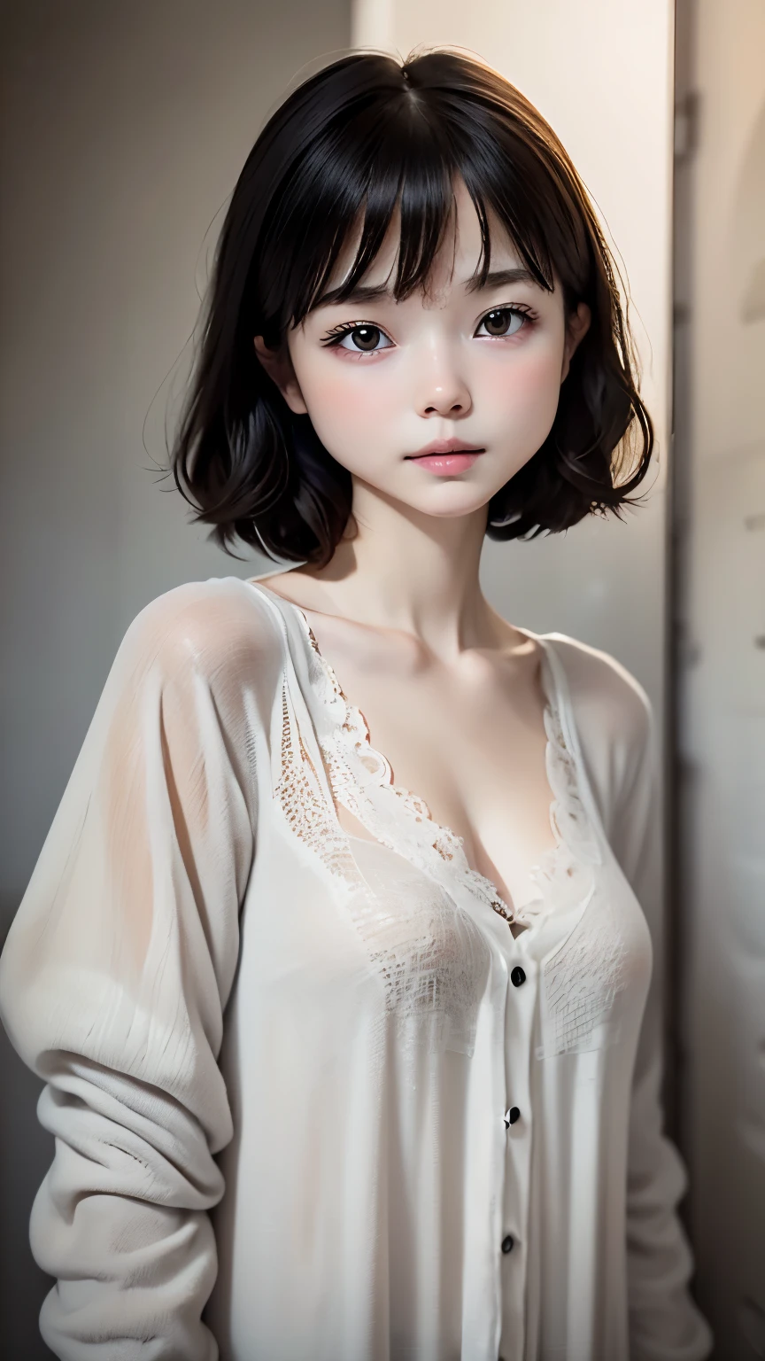 portrait、masterpiece:1.3、one girl、Upper body、Upper body、、natural look、very cute、charming eyes、small breasts、short bangs、short bob、plump lips、no makeup、luxury shirt with lace、black shirt、RAW photo、最high quality、High resolution、Super detailed、high quality、Detailed details、8k、(((blurred background、gray walls、gray background、White world、studio:1.5、cinematic lighting、professional photographer)))