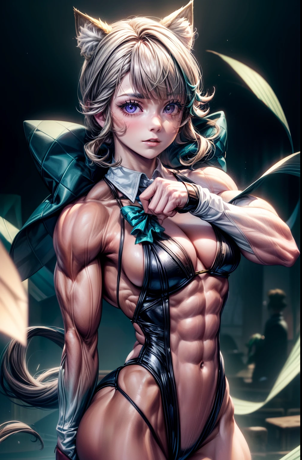 (best lighting) , (Extremely complex and detailed) , 4K unified, (Super detailed CG: 1.2) , (8k: 1.2),(The original), (masterpiece) , (best quality),(masterpiece:1.4),Anime-like high quality,(masterpiece),masterpiece, Super clear picture quality，clearer than，（delicate face）best quality, absurd,((Master of Peace, 4K, 8k, Yes, high resolution))Lynette, Lynette, Animal ear hair, animal ears, cat ears, facial markings, hairpin, (purple eyes:1.1, brown hair, Star, Star on cheek, rest bow, green bow, 1个girl, female student，She was in the garden，Ten strong abdominal muscles，stand up,exposed abdomen， Crop topping,Dense, raised veins on the arms，spring, boots, Perfect body, dynamic poses,legs exposed，Strong leg muscles ((bodybuilder:1.5)),spring Garden,(beautiful bass),(girl),(woman),(((Upper body:1)))safflower，hat