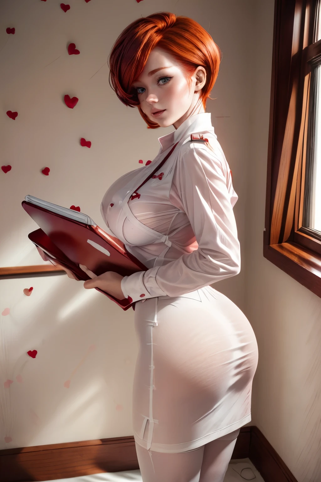 chris, 25 years old, (Redhead shortcuts:1.5), light pink nurse's uniform, white pantyhose, having clipboard tall, beautiful woman, giga_bustychris、25 years old, Redhead shortcuts, white nurse's uniform, white pantyhose, having clipboard tall, beautiful woman, giga_busty