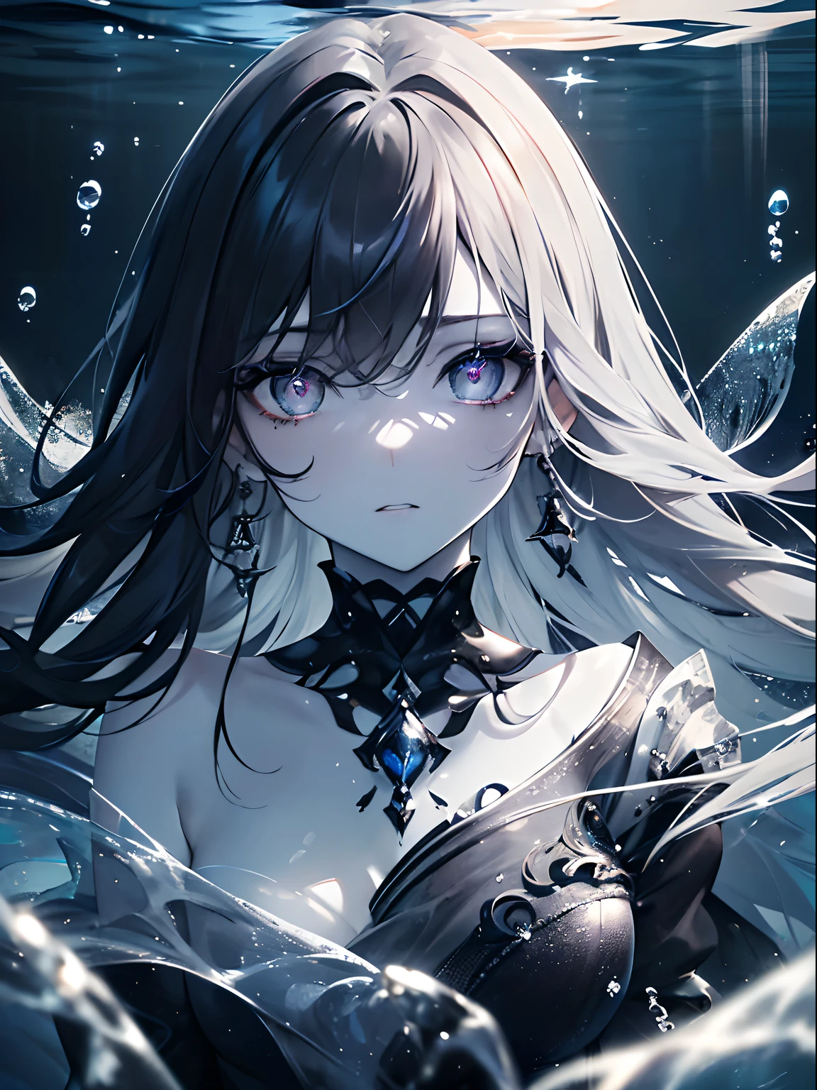 (masterpiece,best quality,Super detailed),1 girl, black hair,Beautiful and detailed face, delicate eyes,looking at the audience, colorful eyes,((gray theme),pale skin, glowing eyes ,in the sea,((night)),dark environment,(underwater), watercolor,hair covering eyes, Eyes covered by hair