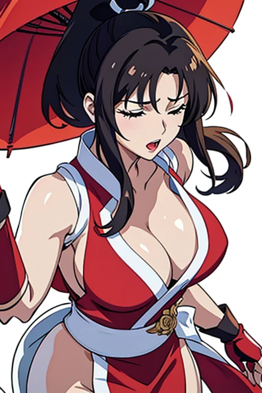 masterpiece, high resolution, best quality, 1 woman, solo, Mai Shiranui, big breasted, cleavage, red Japanese clothes, sexy outfit, alluring body, she has a red rose between her breasts, making her to moan passionately, closed eyes, close up on the rose inside her breasts*