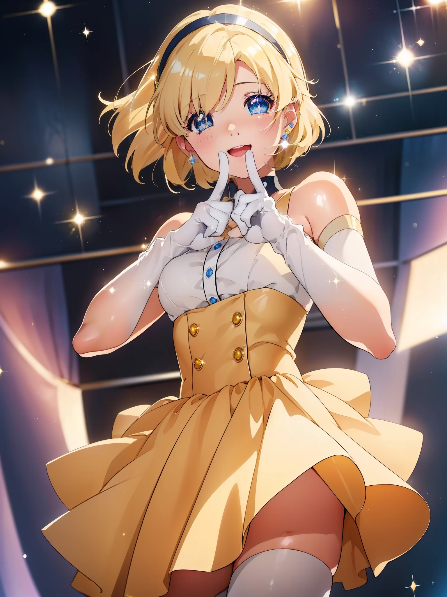 table top, High resolution, 8K, anime woman, delicate and detailed writing 、detailed digital illustration、short hair、perm、bob cut、shiny hair、bangs、very beautiful woman、eyes are double, big, Bust is D cup、high resolution, high quality、detailed background、(((Idolの服を着て)))、((Sparklinging live stage backdrop))、The inside of your eyes shine like diamonds、bright yellow hair、gradient pupil、(((2 arms、4 fingers, 1 thumb)))、detailed woman&#39;s face、She is a very beautiful and cute woman、、detailed background、masterpiece、soft focus , bright gradient watercolor , Lens flare , (((Sparkling))) , shine , dream-like , (((Sparklingマイクを手に持つ)))、mini skirt、Idol、yellow ribbon、Very beautiful yellow rose hair accessory、Yellow and gold costume with white as the main color、((throw))、Sparkling Cat Ear Headband、((foot pose)、lively girl、open your mouth and laugh