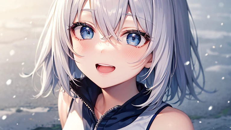 super high quality, with a girl, 20-year-old, very short hair, long bangs between the eyes, pale blue eyes , very detailed,(masterpiece、highest quality)、alone、gray hair、laughter、White skin as clear as snow、fantasy, silver hair, black eye, beautiful eyes,, ecstasy, charm, be smitten with audience, fantasyな風景、evening、Sports Clothing