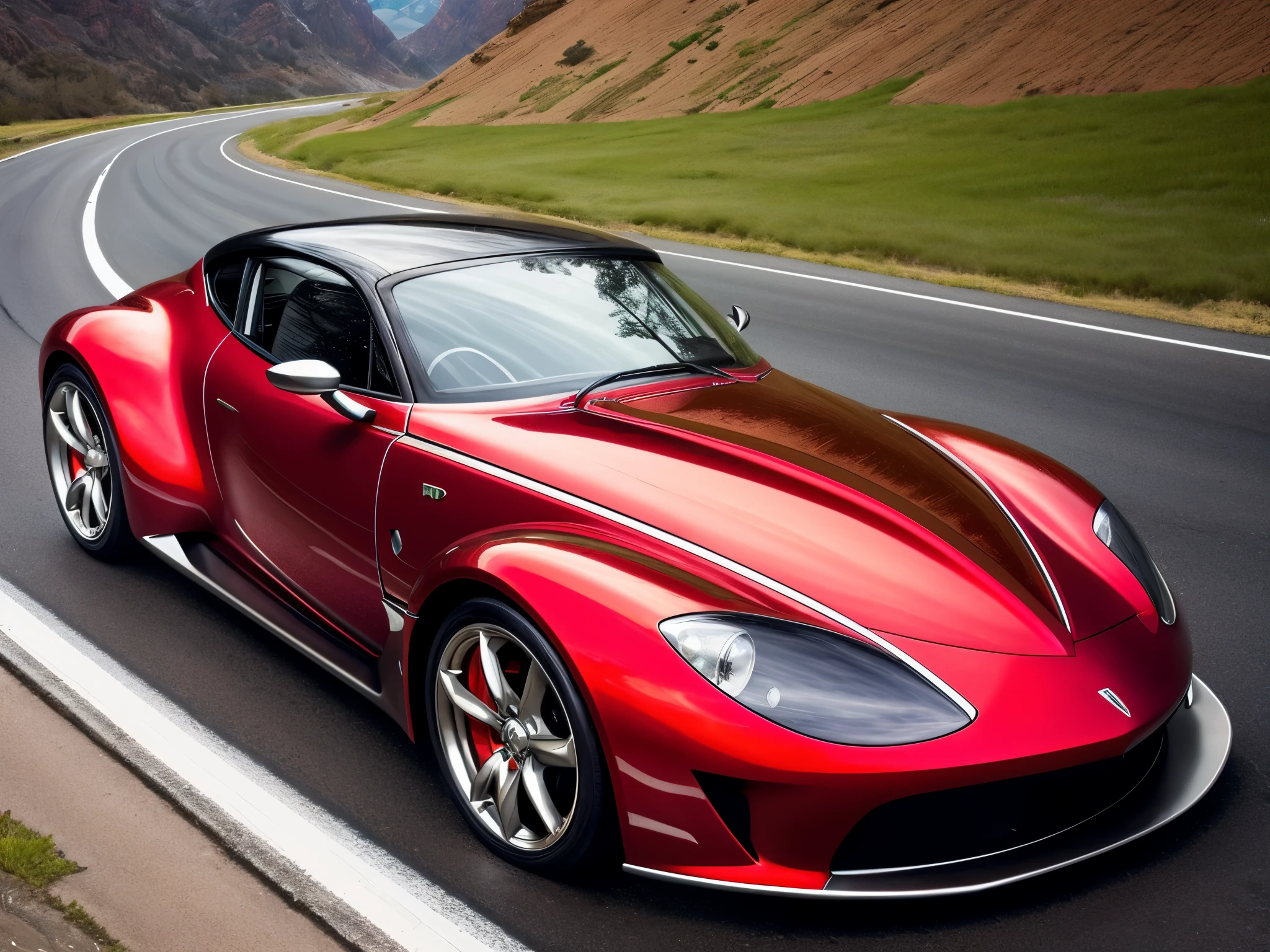 metallic red car, dramatic view, in the style of Raymond Loewy, dark beige and light azure, streamlined design, Alphonse Mucha, sharp attention to detail, pontormo, monochromatic color schemes