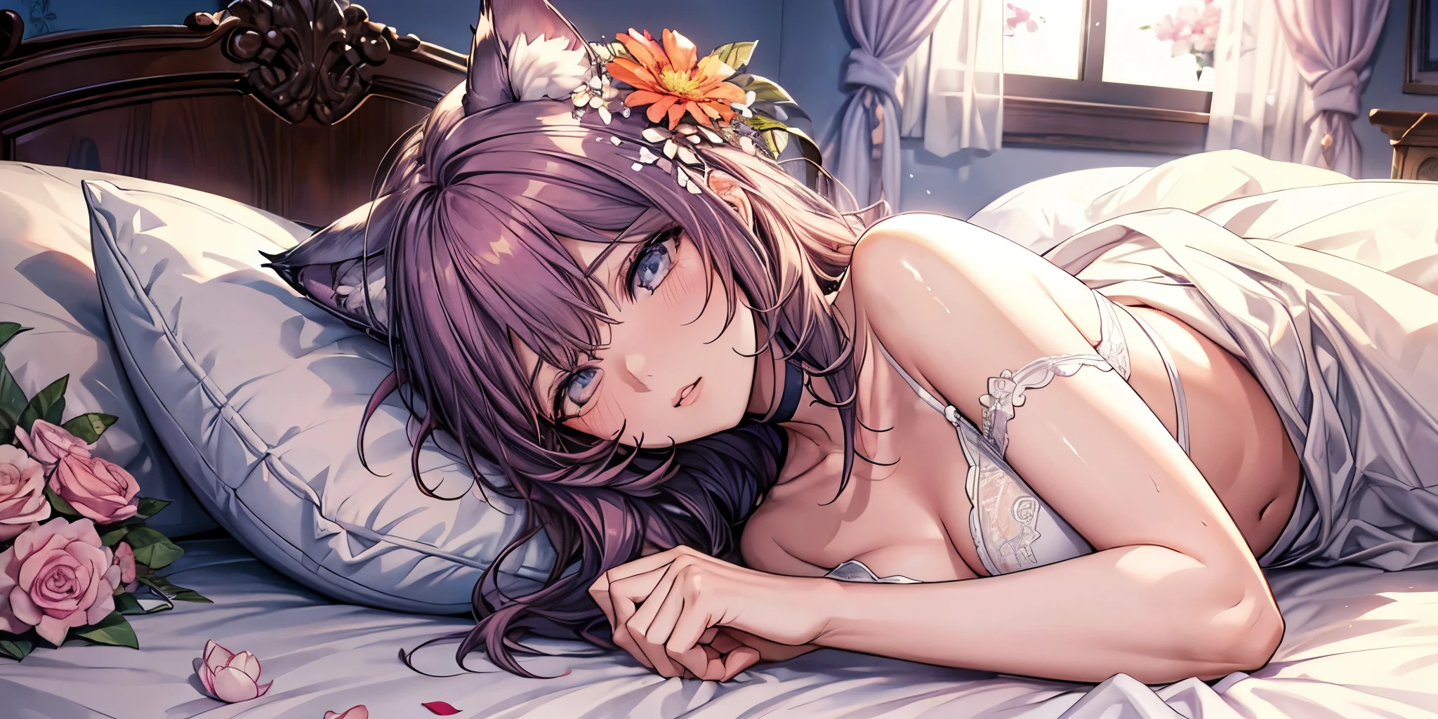 Beautiful woman lying on bed, Cat ear, sexy, masterpiece, lots of flowers, beautiful,