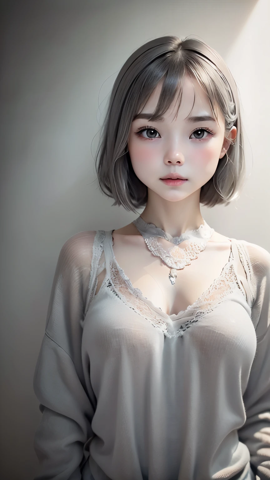 portrait、masterpiece:1.3、one girl、Upper body、Upper body、baby face、natural look、very cute、charming eyes、small breasts:1.5、Ash gray hair、short bob、plump lips、no makeup、luxury shirt with lace、black shirt、RAW photo、最high quality、High resolution、Super detailed、high quality、Detailed details、８ｋ、(((blurred background、gray walls、gray background、White world、studio:1.5、cinematic lighting、professional photographer)))