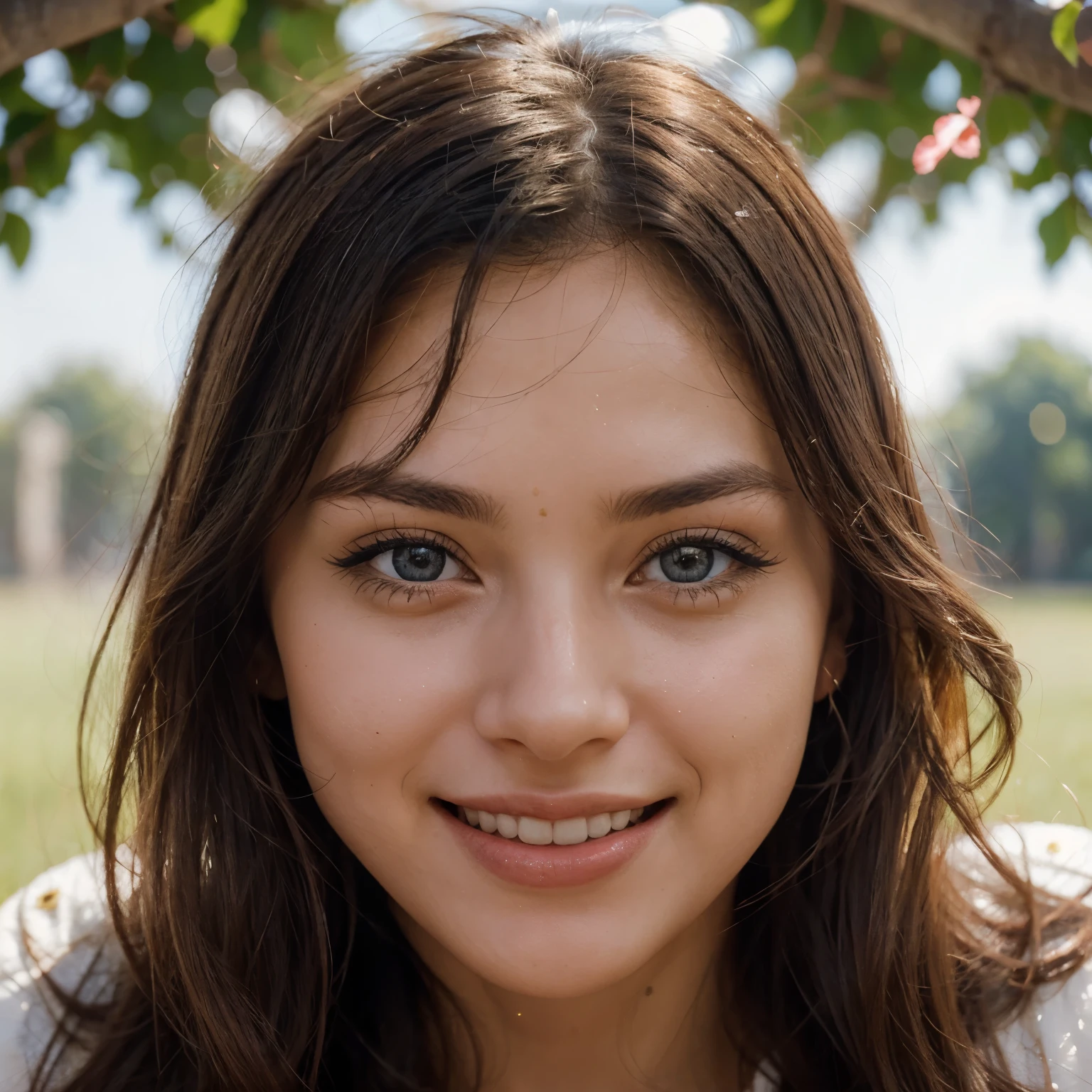 Her gaze was magnetic, her eyes open and sparkling like the spring sky. The face was full of vitality, shining like the first rays of the sun. A sincere smile revealed the brightness of the moment, narrowing his eyes from boundless joy. Her body trembled with delight, as if surrendered at once to all the beauty of life.