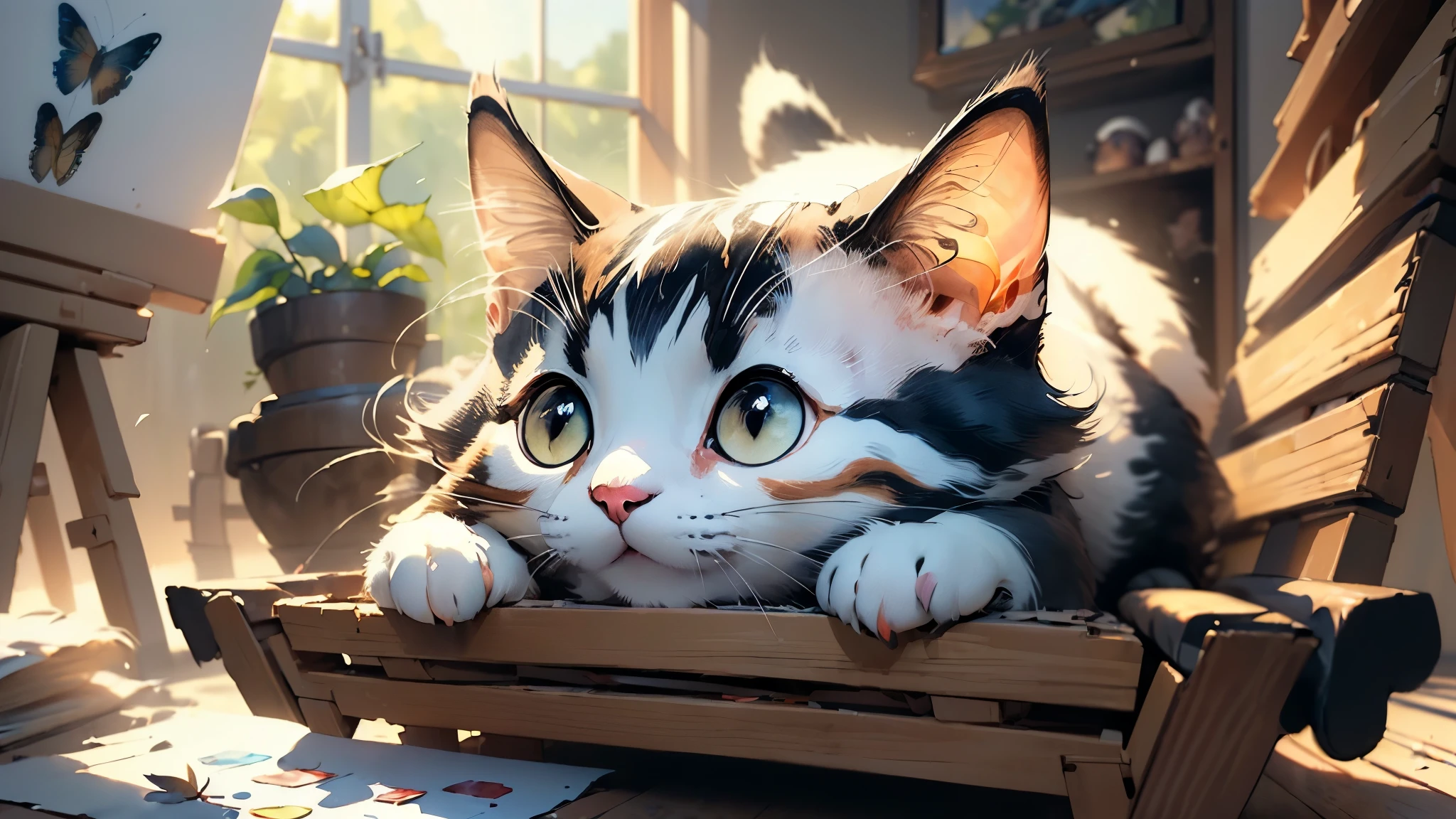 ((best quality, 8k, masterpiece: 1.4)),((Amazing details: 1.3)),((watercolor illustration: 1.2)),((high resolution: 1.1)),Heavy painting style，(Small animals)，1 cat，Expectant eyes，Flying leaves，Spring，Ghibli style，avatar，动漫avatar，British Shorthair，Lovely表情，Lovely，Beautifully meticulous，Correct structure，lifelike，fine hair，art of photography，chiaroscuro，background bokeh，motion blur