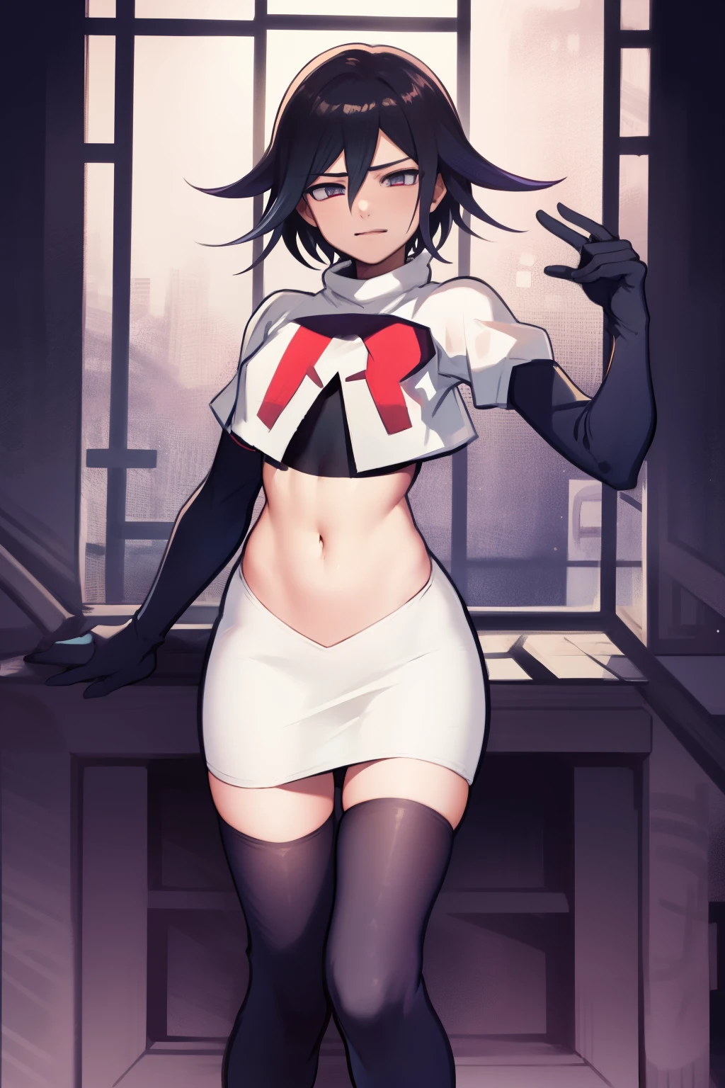 absurdres, cowboy shot, solo, male focus, trap, 1boy, crossdressing,1boy, oma kokichi, team rocket,team rocket uniform,white skirt,red letter R,crop top,black thigh-highs,black elbow gloves,