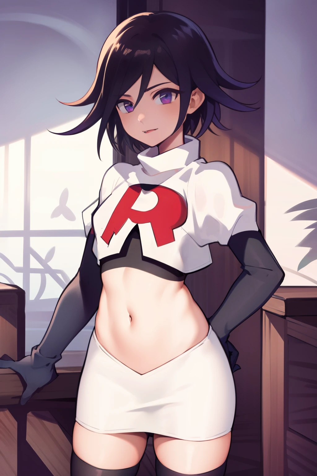 absurdres, cowboy shot, solo, male focus, trap, 1boy, crossdressing,1boy, oma kokichi, team rocket,team rocket uniform,white skirt,red letter R,crop top,black thigh-highs,black elbow gloves,