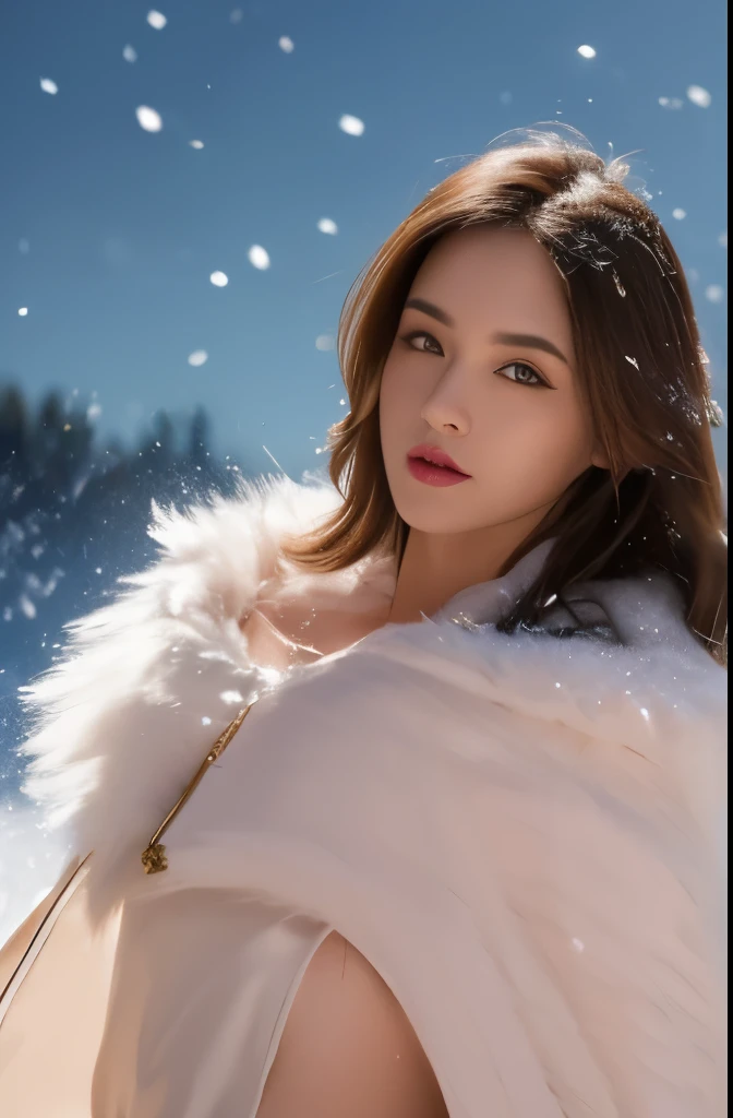 high quality work,realistic works,Super premium graphics,8K high-definition CG works,High quality graphics,High-definition and exquisite CG works,10x pixels,Ultra-fine details:1.1,Advanced technical details:1.1lifelike照片效果, A high resolution ,transparent hair,High detail hair(Premium hair details:1.1)clear eyes,Double eyelids look good,sharp eye makeup, Create exquisite eyelash makeup, Thin eyebrows, Super detailed eyes,high nose, cute red lips, rosy cheeks, With delicate makeup on her face , pretty face, Perfect face proportions,(Advanced facial details:1.1), female artwork,Dress full body video,,Astonishing,Today's eyes are bright lifelike, masterpiece, lifelike, high resolution, soft light, Buttocks up, (ta costume),Gorgeous costumes attract the audience,(upper part of body,beautiful eyes, brown hair, eye socket, (external,heavy snow,Thick fur cape,covered with snow),snowfield,blue eyes