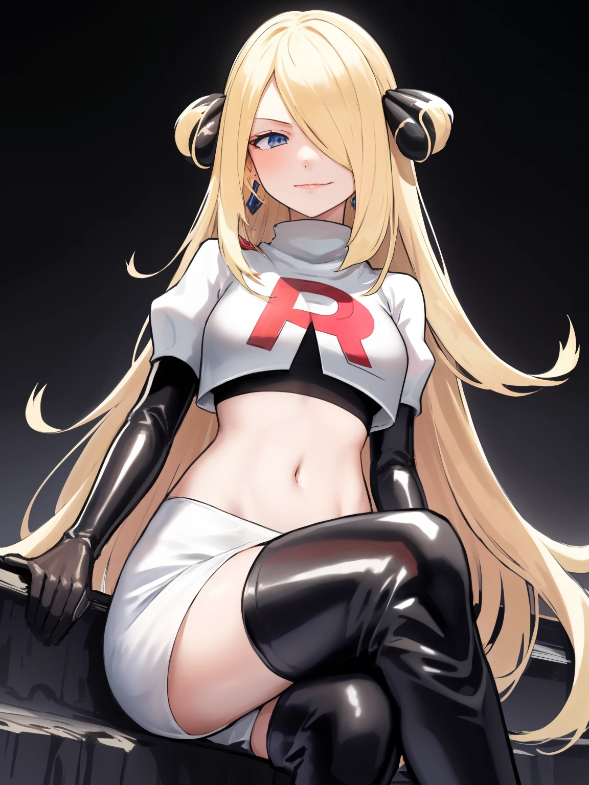 cynthia (pokemon), 1girl, solo ,blonde hair, blue eyes ,hair covering one eye, hair ornament ,glossy lips, earings ,team rocket uniform, red letter R, white skirt,white crop top,black thigh-high boots, black elbow gloves, closed mouth, evil smile, looking down on viewer, sitting down ,legs crossed, night sky background