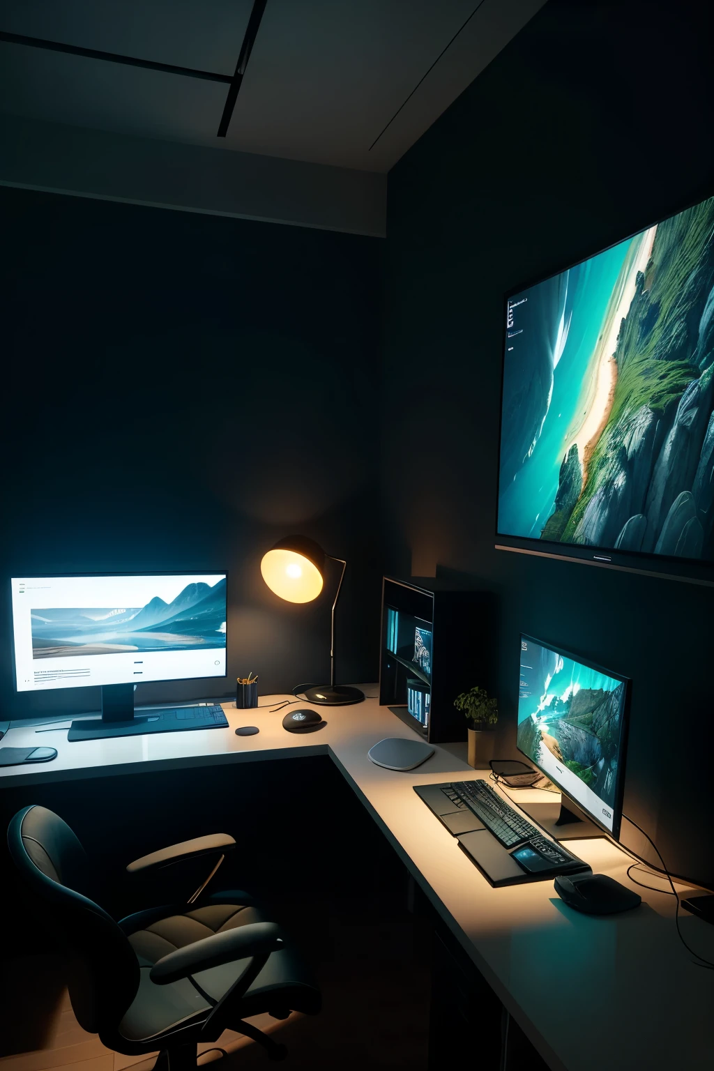 A contemporary scene featuring a sleek, high-definition television acting as a monitor for a computer workstation. The screen displays vibrant colors and sharp contrasts, mirroring the intricate details of the digital content being viewed. The room is bathed in soft, ambient lighting, creating an inviting and focused atmosphere for productivity. The image is rendered in a hyper-realistic style, capturing every pixel and texture with stunning accuracy. The scene exudes a sense of sophistication and attention to detail, making it an exquisite addition to any modern workspace. [
Or, if you prefer a more conversational tone:
Imagine a cozy home office setup where a large, high-definition TV functions