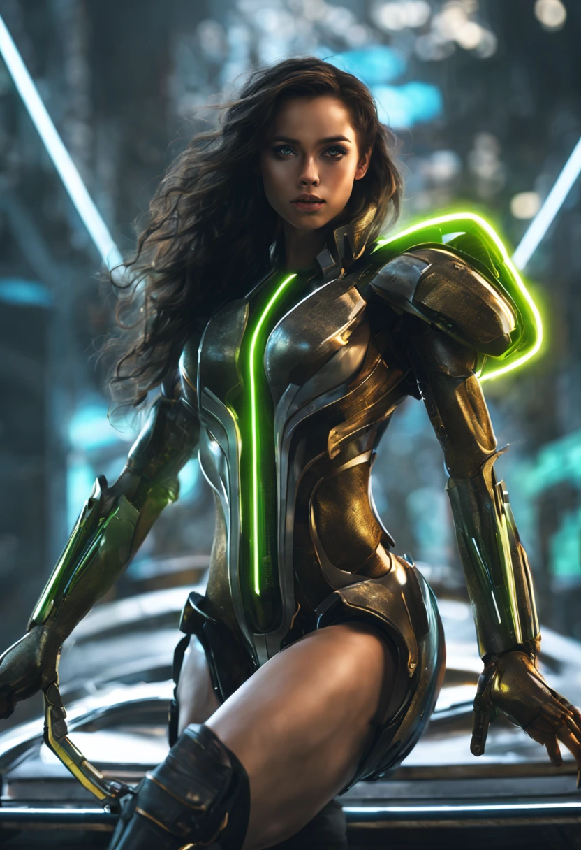 realistic, high-resolution, ultra-detailed female humanoid, angelic expression, light and realistic skin texture and color, Brazilian, light brunette, long black hair, oval face, green eyes, vibrant and intense cores, beautiful lighting and shading, posture dynamic, futuristic and elegant, intricate detailed mechanical design, metallic and sophisticated materials, atmosphere, sci-fi concept art, Cyberpunk style, neon lights, suggestive but tasteful composition,