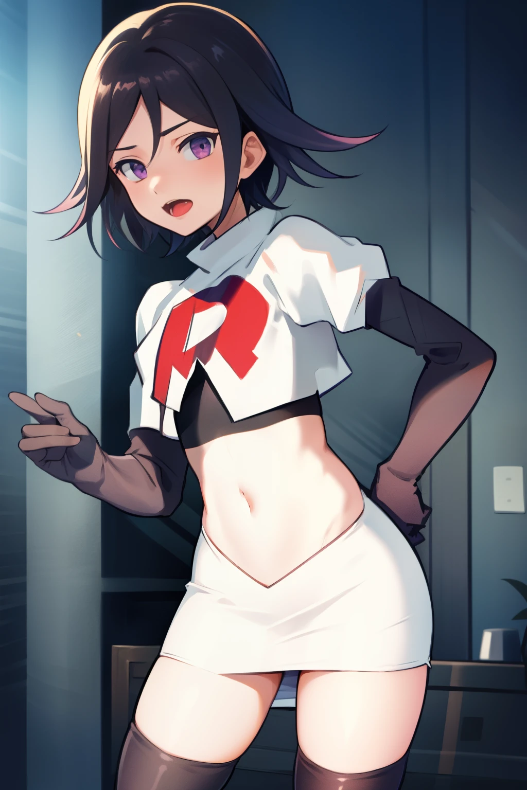 absurdres, cowboy shot, solo, male focus, trap, 1boy, crossdressing,1boy, oma kokichi, team rocket,team rocket uniform,white skirt,red letter R,crop top,black thigh-highs,black elbow gloves,