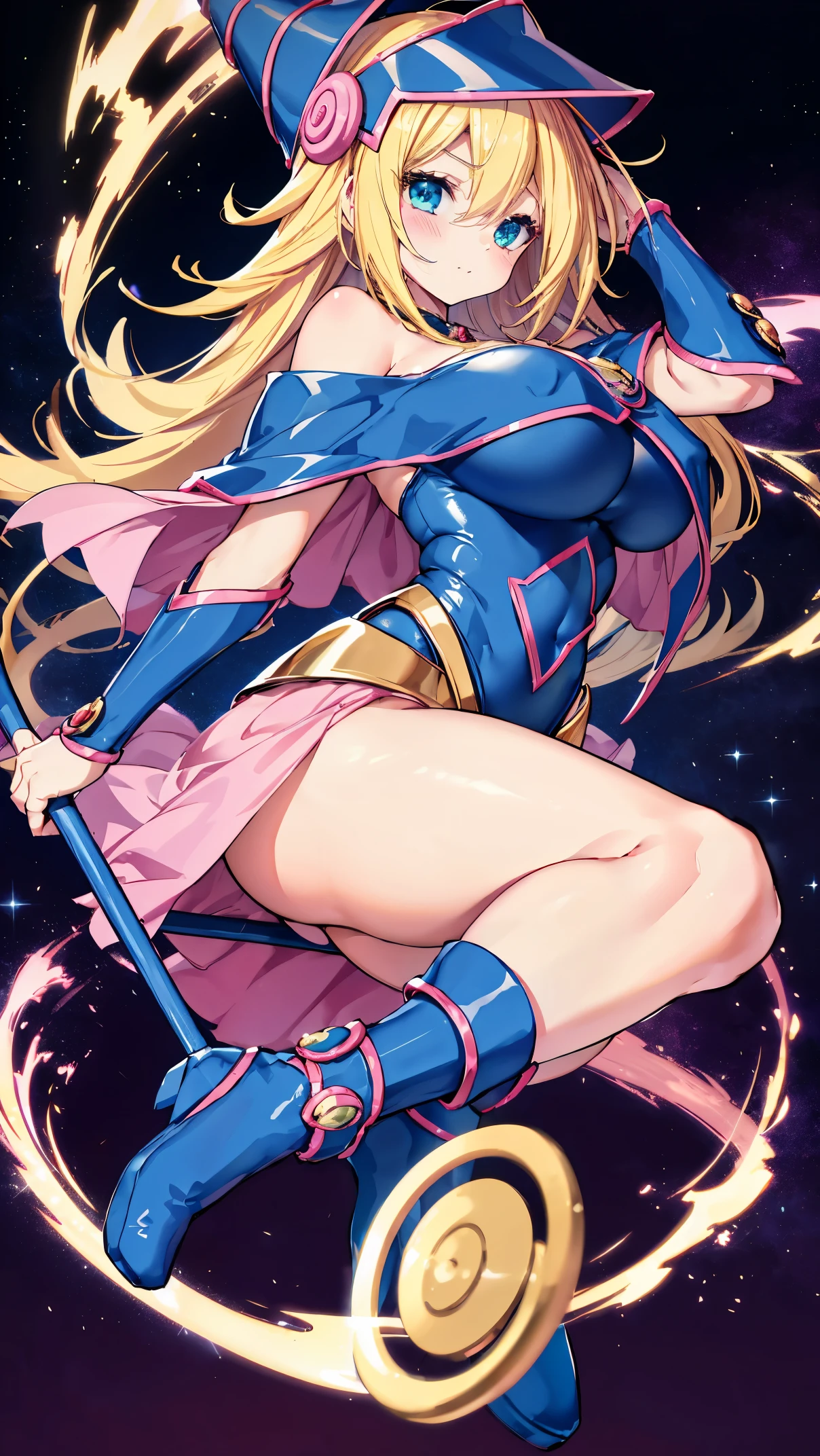 Black Magician Girl、super breasts、thick thighs、blonde hair、magic circle、8K, 4k, highest quality, High resolution: 1.2),winking、One breast exposed、cute anime face、Pink blush on cheeks、noise removal、Leotard that bites into、have a cane、Hold your cane、Rear view、Turning around、full body portrait