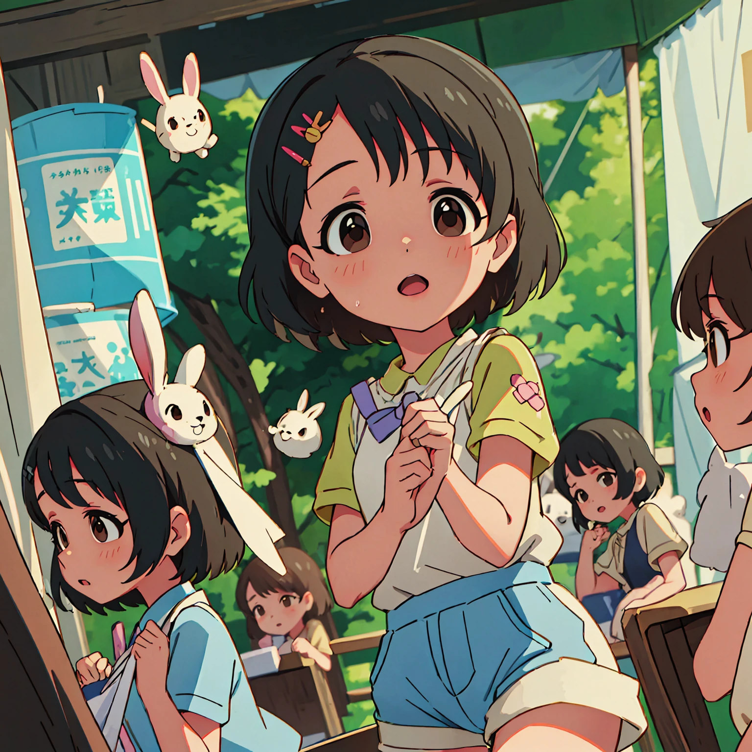 sasaki_chie_theidolmastercinderellagirlsu149, black_hair, short_hair, hair_ornament, hairclip, brown_eyes, rabbit_hair_ornament, upper_body, bangs, denim shorts