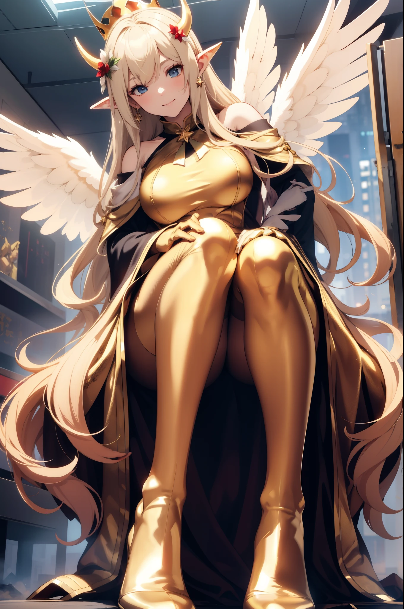 giant girl 50,000 feet high，Weight 1000kg，Has a pair of long legs，Open your eyes wide，Has a pair of huge golden angel wings，With huge devil horns on his head，crown on head，Elf wearing golden earrings，She has long golden hair that reaches her feet，loose hair，Big blond wavy long curly hair，Bangs，Wearing a pair of golden boots，Gold lace gloves，gold lace pantyhose，Pantyhose with bow and star decorations，金色蕾丝whole body，sitting on a tall building，Beautiful appearance，Exquisite makeup，quality，8k，高quality，Perfect proportion, Cinema lighting，film grain，Fuji colors，8k，textured skin，Super details，high detail，high resolution，fake smile，blood stains，脚底有blood stains，whole body，Obese，elf princess，feather，flowers