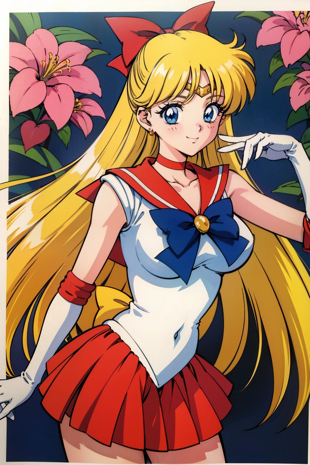 1990s \(style\), 1990s anime cels style, masterpiece, best quality, high resolution, large breasts, 1girl, solo, MinakoAino, bangs, (sailor Venus ,hair bow, elbow gloves, neck ribbon, bangs, long hair, circlet, jewelry, flower earrings, orange sailor collar), blush, embarrassed, smile, orange skirt