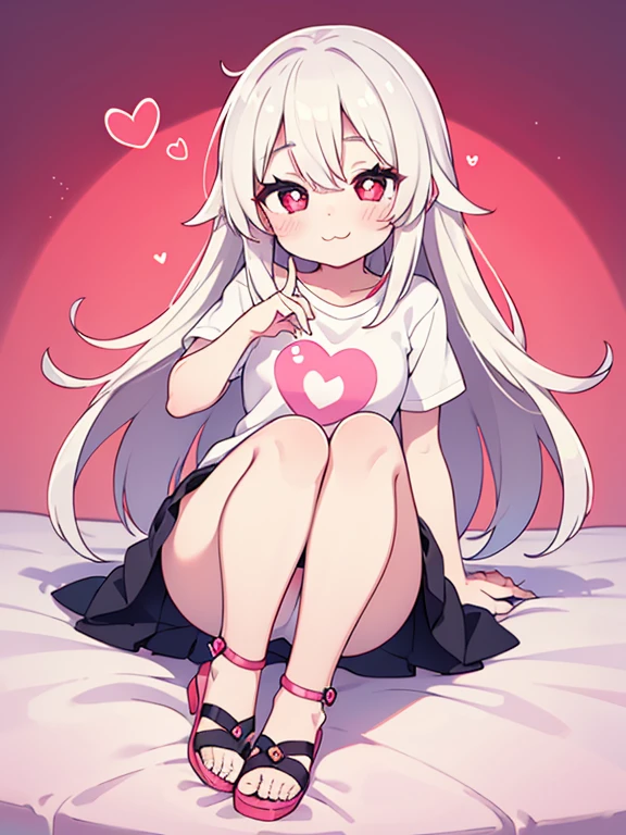 1girl, (Long white hair), (red eyes), (pink sandals), thighs, legs, skirt, t-shirt, ((heart shaped pupils)), white skin, (:3 smile), blush, left eye wink, highres