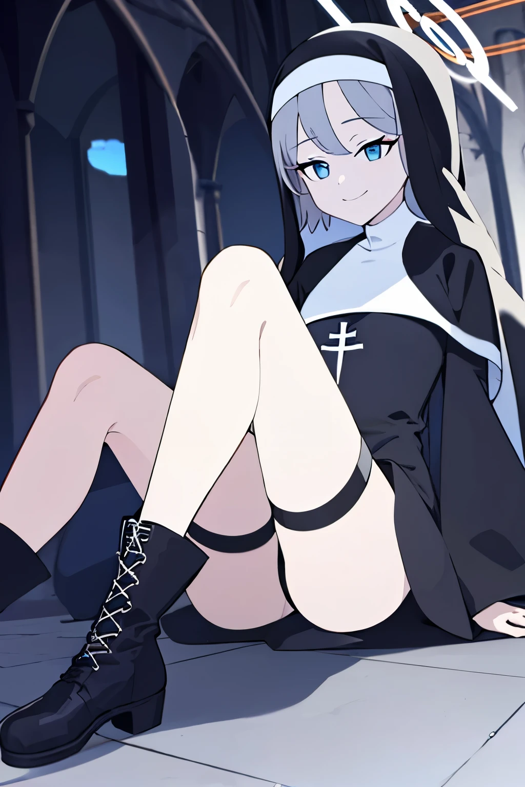 Black nun dress,Gray hair,blue eyes,smirk,short hair,halo,leg straps,Off the shoulders,boots,individual