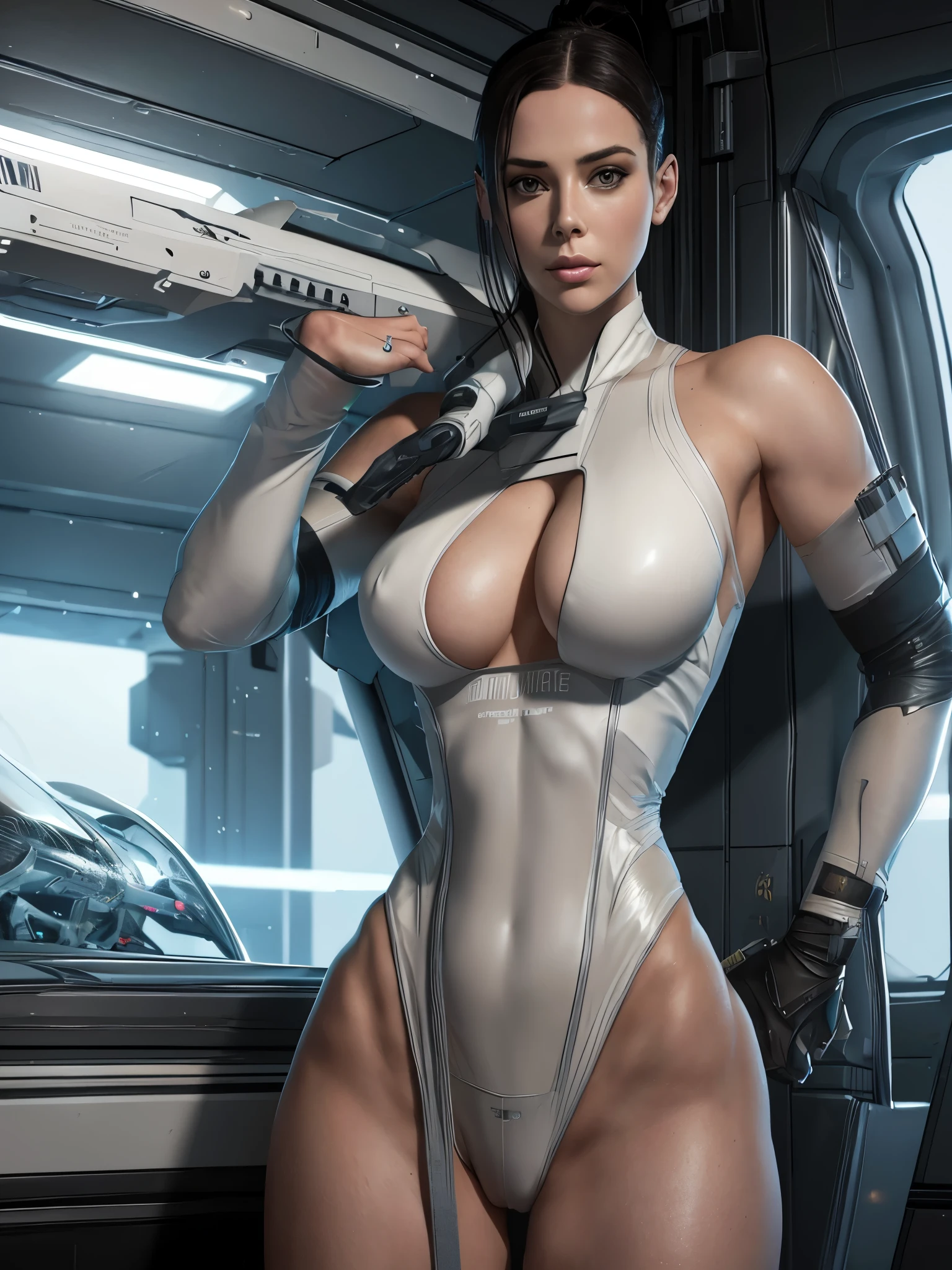 Lana Rhoades, 25 yo, Perfect Face, Perfect body, bodybuilder, White Swinsuit armored cyberpunk, Pretty Features, Spaceship Interior, Wadim Kashin, James Gurney, INK, Splash Art", Royo, Sharp Focus, Emitting Diodes, Smoke, Artillery, Sparks, Racks, SYSTEM Unit, Motherboard, by Pascal Blanche Rutkowski Repin Artstation Hyperrealism Painting Concept ART of Detailed Character Design Matte Painting, 4K Resolution Blade Runner, Mysterious 