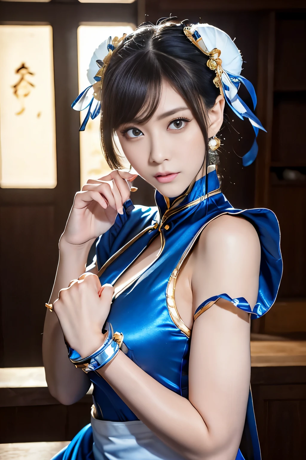 Live-action version of Chun-Li from Street Fighter，RAW photo,,(Blue china clothes、Ｃcup breast)、(Looks like a super realistic photo)、portrait、perfect angle、(professional quality、High resolution)、perfect contrast、perfect lighting、perfect composition、perfect skin、perfect hands、perfect fingers、perfect breasts、perfect fast perfect、A masterpiece that reproduces realistic facial features and hairstyles、White Hair Clip、ribbon)、(supermodel with long legs)、 ((Sexy blue and gold cheongsam、puff sleeves、White band、blue front droop、Sticky Wristband、thigh slit))、((blue front droop))、(cute日本の女の子、Face the front and look at the camera、Dark brown hair with wet and shiny)、restaurant、on the road、Light in Eye Ace Perfect、perfect body、perfect fingers、perfect arms、perfect hands、face becomes smaller、double eyelid、Big eyes、money is better than beauty、visible all over、Supermodel with very long legs、teenage、cute、spotless、lip gloss、hair fluttering in the strong wind、Stand facing the front、((Slender and stretched thin pantyhose、shiny pantyhose、white long boots))、movie lighting、light shines on your face