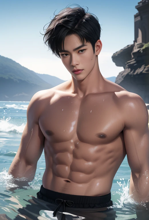 High quality, masterpiece, highly detailed, 8k, perfect face, perfect body, realistic, photo realistic, man, Asian, black hair, short hair, handsome, detailed eyes, beautiful detailed nose, realistic body, realistic light, comfortable expressions, cute guy, sweat guy, cool guy, abs sixpack, model style, full body, clean skin, water element, water, water bender