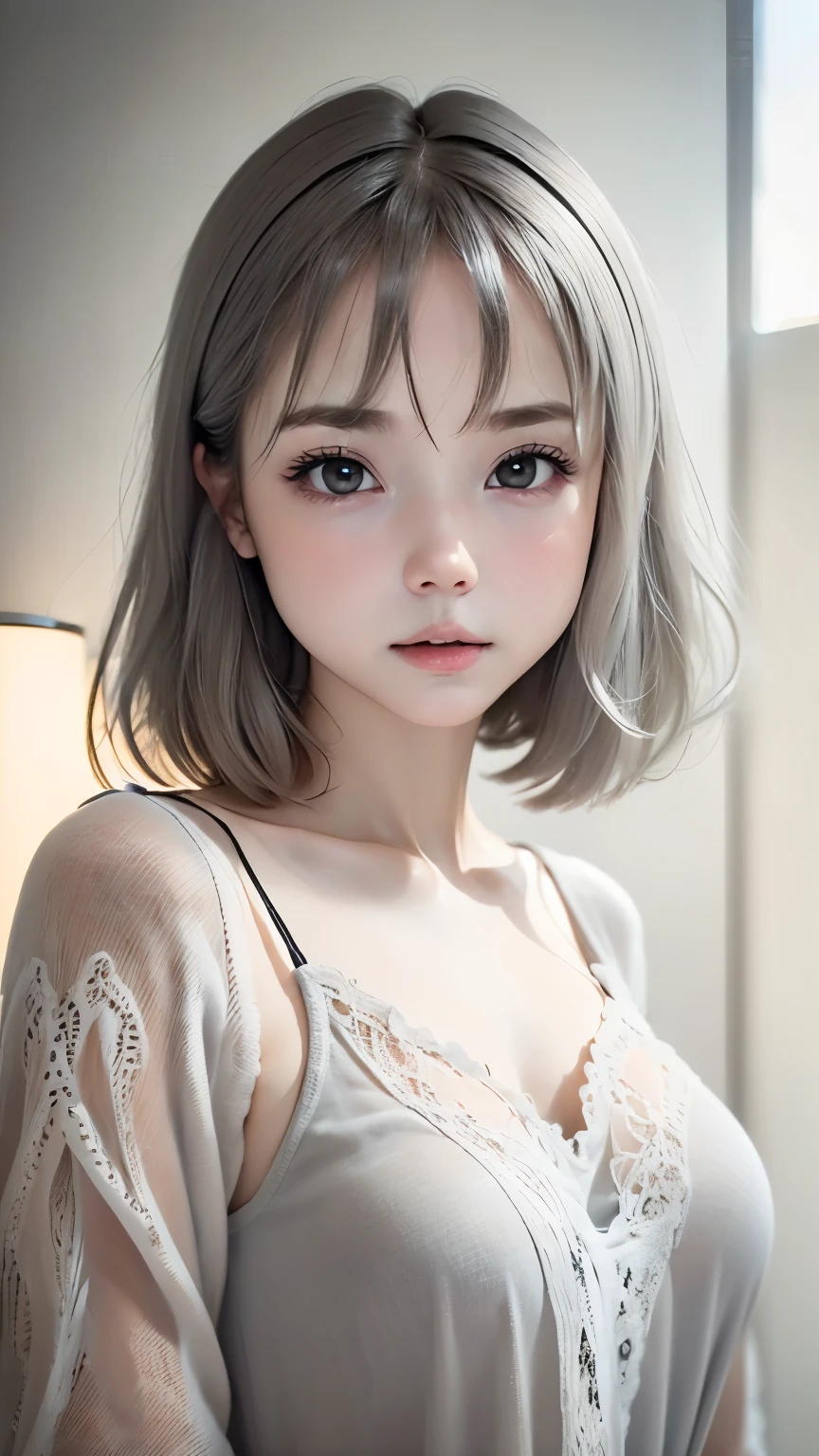 full nude、portrait、masterpiece:1.3、one girl、Upper body、Upper body、、natural look、very cute、charming eyes、small breasts:1.5、Ash gray hair、short bob、plump lips、no makeup、luxury shirt with lace、black shirt、RAW photo、最high quality、High resolution、Super detailed、high quality、Detailed details、8k、(((blurred background、gray walls、gray background、White world、studio:1.5、cinematic lighting、professional photographer)))