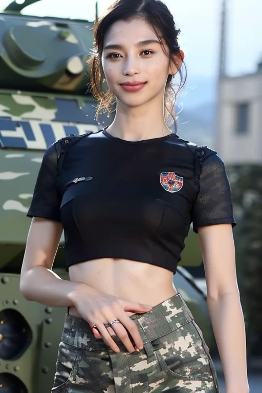 Highest quality, masterpiece, 16K, (raw photography, photorealistic, ultra-detailed, ultra-high resolution:1.3), cinematic lighting, professional photo, (correct anatomy, perfect body, correct body proportion:1.5), sharp ficus, depth of field, ((post-apocalyptic world, 2050s:1.2)), (intricately detailed face, ultra-realistic skin texture:1.1), (from front:1.4), 1 girl, solo, (cowboy shot:1.1), looking at viewer, ((brutal warlord:1.4)), black hair, very short hair, glossy hair, ultra-detailed eyes, (dark and bright eyes:1.1), highly detailed nose and lips, beautiful nose, glossy lips, (expressive face:1.4), ((evil smile:1.3)), ((camouflaged uniform, short sleeves, pants:1.5)), (slender, medium breast:1.3), (perfect body proportion:1.5), ((holding an automatic rifle:1.4)), standing, outdoor, countryside, (((tanks and soldiers are in background:1.1)))