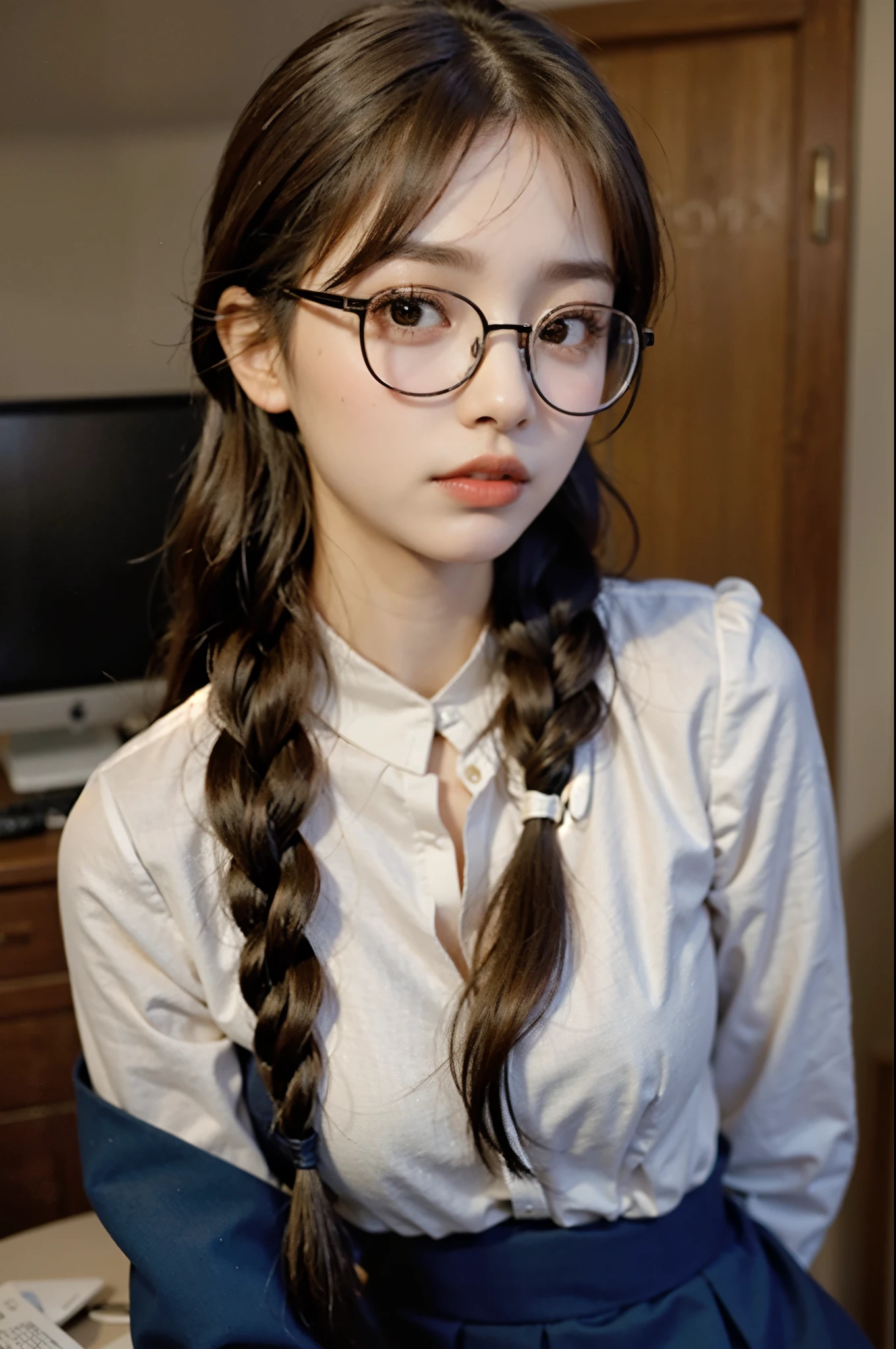 Top quality, one beautiful woman, 20 years old, 35mm lens, f/1, dark brown eyes, glasses, braids, black hair, pale skin, medium chest, slendar body, office staff suit, secretary, white shirt