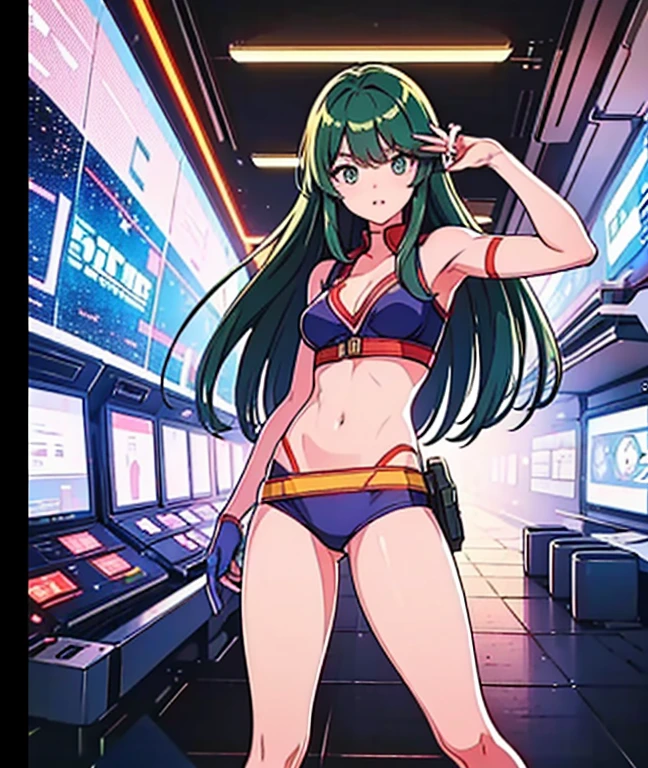 Sexy, Half naked woman, cyberpunk gamer girl in a small futuristic trading room. Red and green light's.