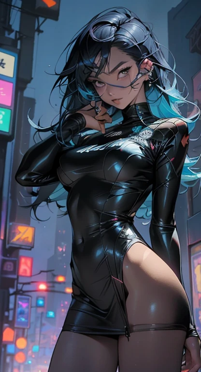 Sporty girl with Asian features,(((1girl in))),((Anime girl with black hair and turquoise highlights,Very cute and beautiful walking enchantingly on the street)),
(Large breasts:1.4),Saggy breasts,(((black hair with turquoise stripes:1.35,Straight hair,Long hair:1.4,Colored inner hair,Ear breathing))),((Heterochromia,Eye 1 Blue,Eye 2 Turquoise,Perfect eyes,upward-eyed:1.3,Beautiful detailed eyes,finely detailed beautiful eye:1,big highlight on eyes:1.2,slanted eye)),((Fat)),(((Lustrous skin:1.5,bright skin: 1.5,skin tanned,Shiny skin,Very shiny skin,Shiny body,plastic glitter skin,exaggerated shiny skin))),(spider lower abdomen,Narrow waist,wide-hips,athletic bodies,inflated legs,delicate detailed fingers,Detailed body,detailed arms,Human Hands,(Detailed face)),
Cute,sluttish,Seductive,Erotic,(((NSFW))),
((onepiece_Swimsuit Magenta)),(Wearing a dress_Swimsuit costume:1.3),(detailed costume,detailed clothes),
(Dynamic Pose:1.0),embarrassed,Centered,scale to fit the dimensions,thirds rule,
Outdoors,((Night view)),(Neon synth wave of a very pretty city,Cyberpunk Night Street Background:1.5,dark sky,Thick clouds),Vehicles of the future,((neon light)),Thick clouds,(Cyberpunk style,neon light, (Synthwave theme background), Lonely street),(((Detailed background:1.25))),
(Best Quality),(High resolution),(Sharp Focus),(ultra-detailliert),(Extremely detailed),(Very high quality artwork),8K_Wallpaper,(Highly detailed CG in 8K),(Very fine 8K CG),((hyper super ultra detailed perfect piece)),flawless,(((masutepiece))),Illustration,Vibrant colors,(Convoluted),High contrast,Selective lighting,double exposure,nffsw (High dynamic range),Post-processing,Background blur,