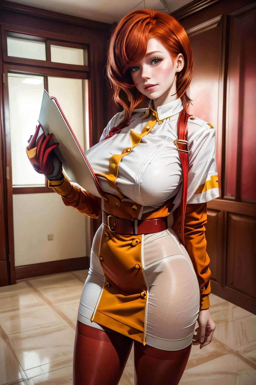 chris, 25 years old, (Redhead shortcuts:1.5), yellow nurse's uniform, white pantyhose, having clipboard tall, beautiful woman, giga_busty