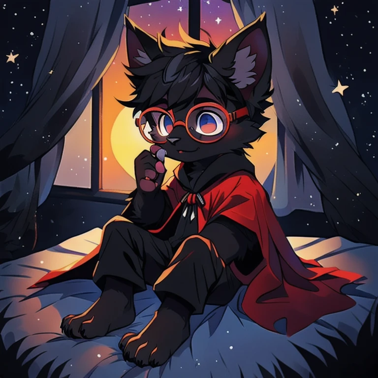 Character (fluffy black fur feline), fur, black, (completely black), (black fur), (black fur), (stars in his fur) (claws on each finger), (black crystal glasses and stars in his glasses with red frame), (dresses in black pajamas with stars) (huge dark cape in which you see space and many stars). (long ears), (starry and tousled black hair looking like galaxies), (sunset colored cape), (long tail and a big fur pompom). Inexpressive (**********), (Paws shaped like feet), (Sitting imposingly), (Child's body), (Shows his paws). bed, window, nigh, dark, darknes. stars. (black crystals), shadow, shadows, dark background, darkness, total darkness, (pawpads), cute, child, kid, (black pawpads), (stars on his eyes)
