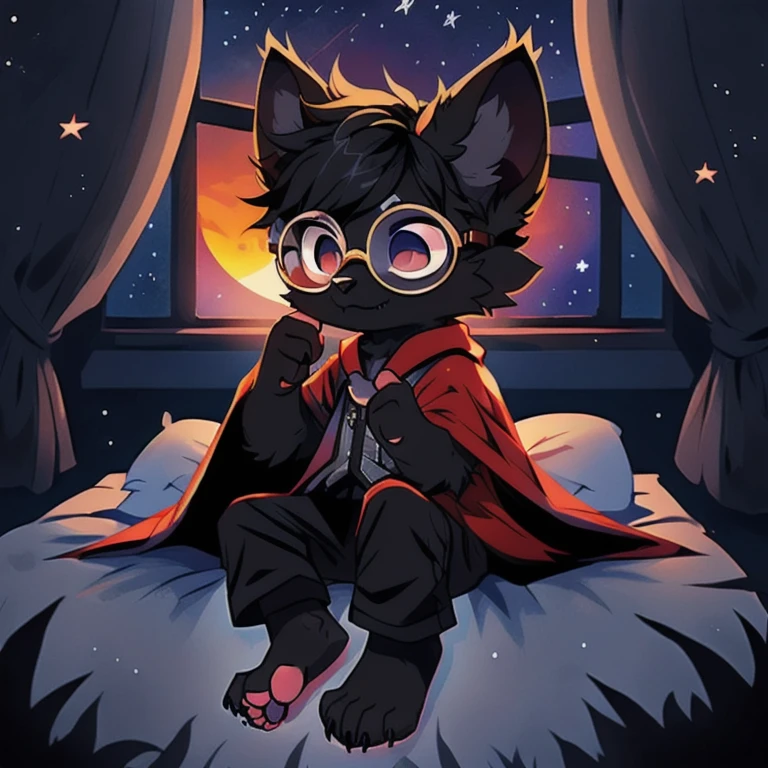 Character (fluffy black fur feline), fur, black, (completely black), (black fur), (black fur), (stars in his fur) (claws on each finger), (black crystal glasses and stars in his glasses with red frame), (dresses in black pajamas with stars) (huge dark cape in which you see space and many stars). (long ears), (starry and tousled black hair looking like galaxies), (sunset colored cape), (long tail and a big fur pompom). Inexpressive (Little boy), (Paws shaped like feet), (Sitting imposingly), (Child's body), (Shows his paws). bed, window, nigh, dark, darknes. stars. (black crystals), shadow, shadows, dark background, darkness, total darkness, (pawpads), cute, child, ???, (black pawpads), (stars on his eyes)