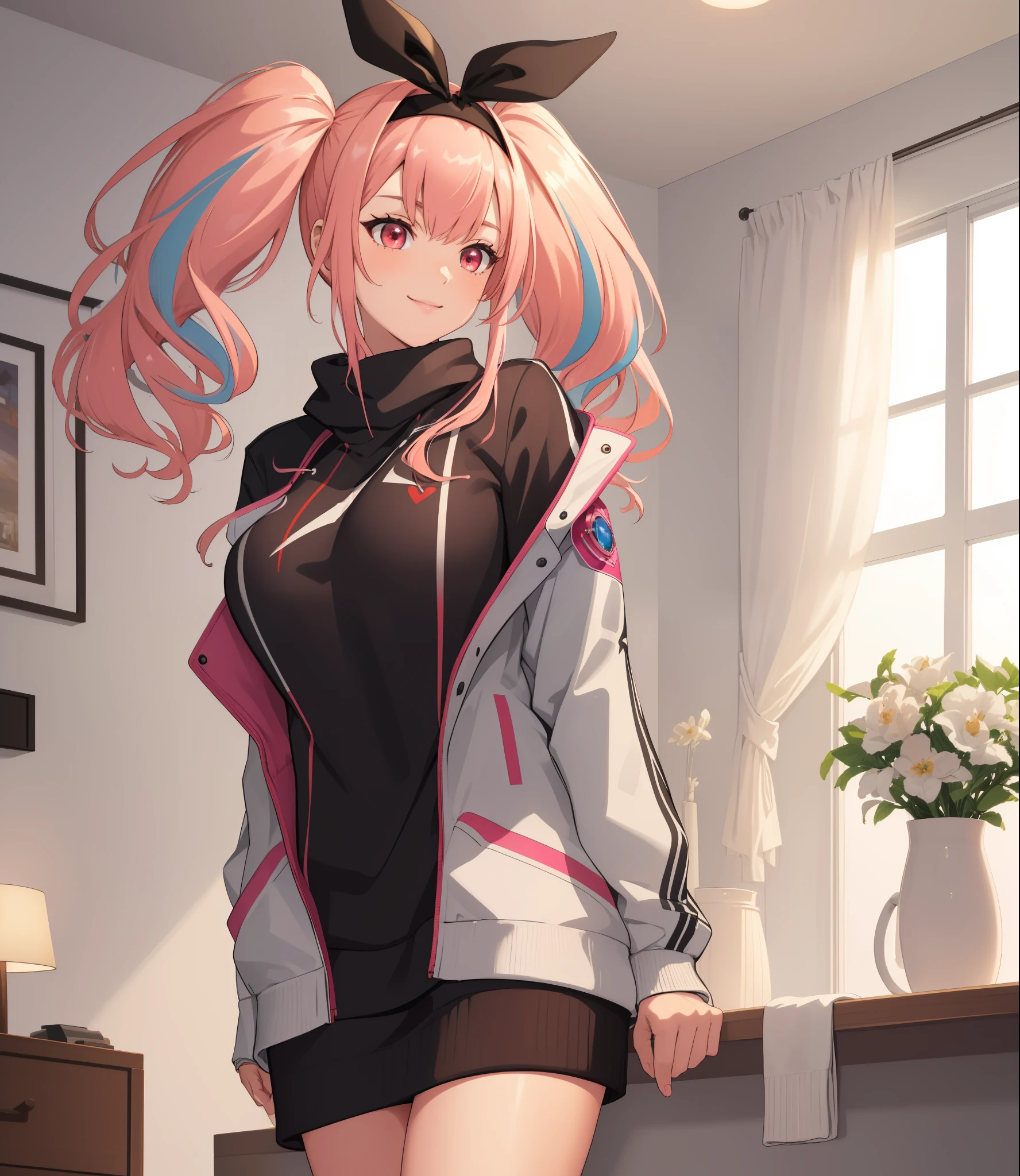 (extremely detailed CG unity 8k wallpaper), (((masterpiece))), (((best quality))), ((ultra-detailed)), (((illustration))), (best shadow), ((an extremely delicate and beautiful)), (detailed light), (well designed face), amazing face, (super detailed), cinematic shot, beautiful detailed eyes, detailed background, 1girl, ((pink hair)), multicolored hair, ((red eyes)), ((short twintails)), (headband), huge breasts, firts rate breasts, first rate female bodies, (sweater), white jacket, open jacket, upper body, living room, interior design, bewitching thighs, smile, cowboy shot,