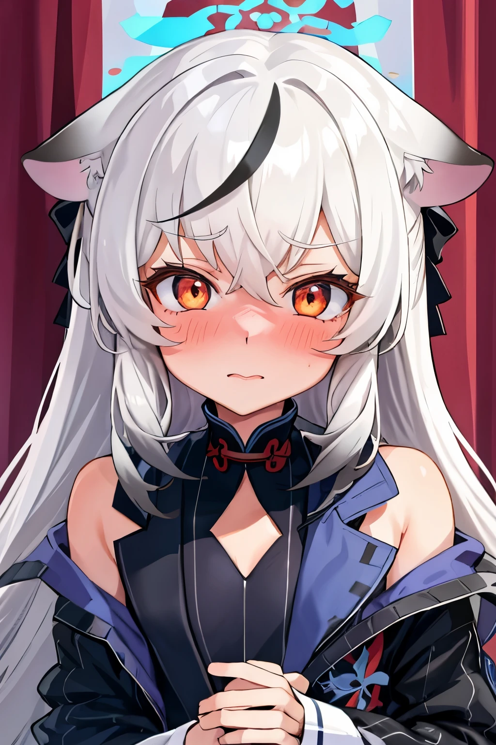 1girl, kokona, indoors, orange eyes, white hair, :3 mouth, embarrassed, beautiful eyes, beautiful lips, shiny lips, extremely detailed eyes and face, long eyelashes, close-up, warm lighting, vibrant colors, looking at the viewer, embarrassed look, blush, Winter suit, winter wonder