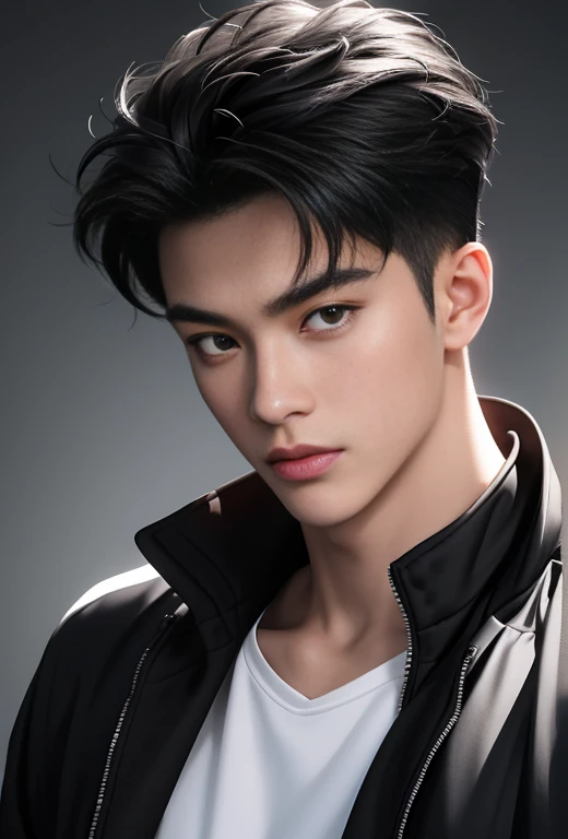 High quality, masterpiece, highly detailed, 8k, perfect face, perfect body, realistic, photogenic, man, Asian, young, black hair, short hair, handsome, detailed eyes, beautiful detailed nose, realistic body, realistic light, comfortable expressions, cute guy, sweat guy, cool guy, abs sixpack, model style, full body, clean skin, hodie jacket
