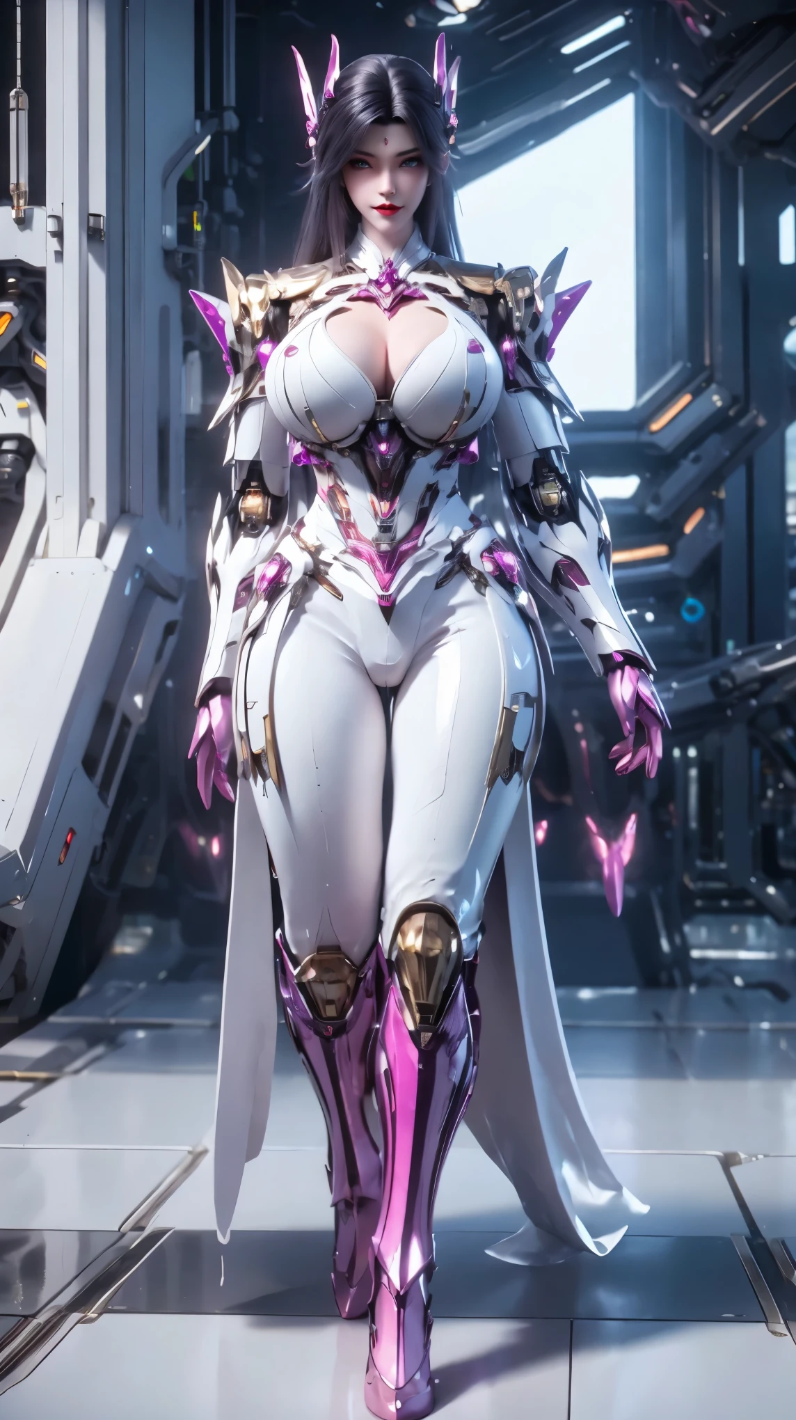 A beauty girl with black hair, (HYPER-REALISTIC:1.5), (PHOENIX GOLD HELM:1.1), (MUSCULAR BODY SHAPE,HUGE FAKE BREAST:1.5), (CLEAVAGE:1.5), (MUSCLE ABS:1.3), (MECHA GUARD ARMS:1.1), ((MAGENTA SHINY FUTURISTIC MECHA CROP TOP, BLACK MECHA SKINTIGHT LEGGINGS, WHITE MECHA GUARD ARMOR LEGS, HIGH HEELS:1.5)), (WET SWEATY BODYSKIN, LONG LEGS:1.1), (LOOKING AT VIEWER:1.3), (female focus:1), (WALKING IN HALLROOM OF FUTURISTIC SPACE STATION:1), (BRIGHT LIGHT WHITE_ROOM:1.3), HYPER TEXTURE, (4X MSAA), (UNREAL ENGINE 5 RENDER), PHYSICALLY-BASED RENDERING, ULTRA HIGHT DEFINITION, 16K, 1080P.