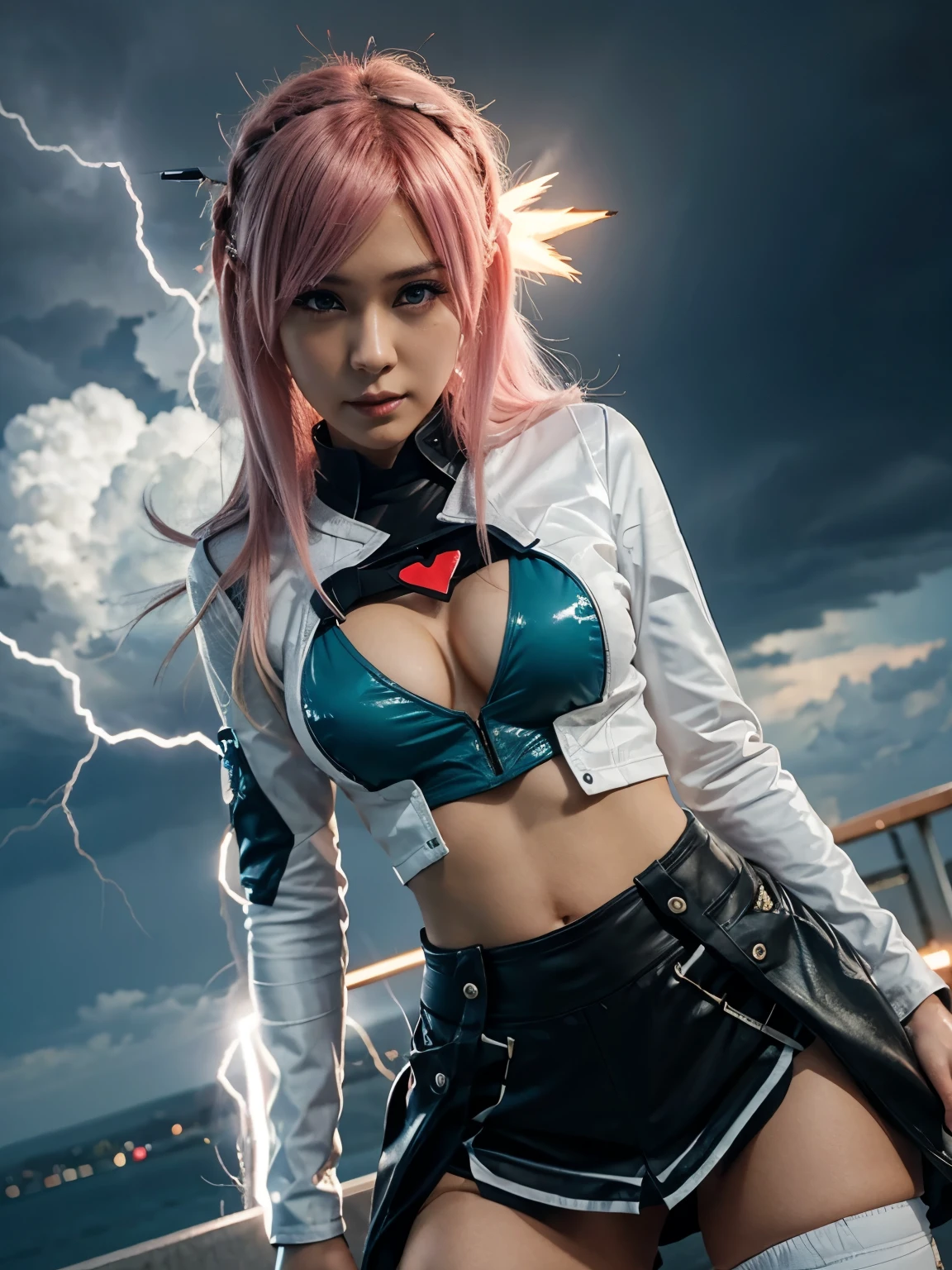 Make an anime girl with ambu characteristics, lightning and heart