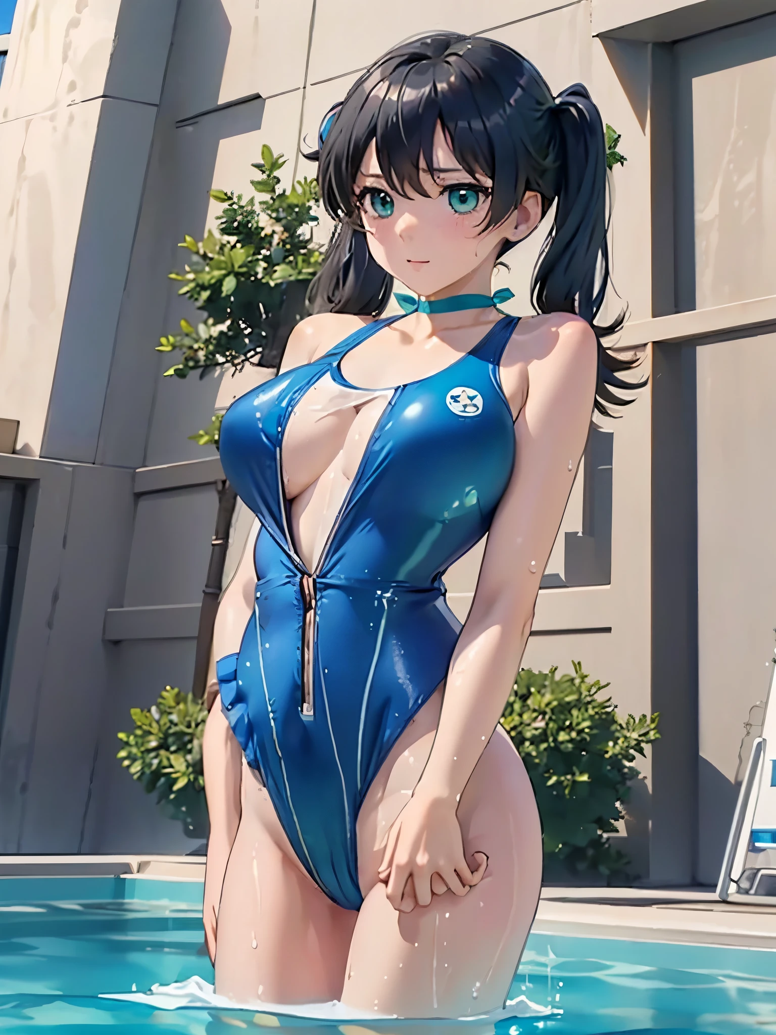 highest quality, 8K, masterpiece,genuine、1 girl、、long hair、twin tails、bewitching face、green eyes、 body shape、((big breasts))、((Swimsuit:1.5)), I can see the nipples、((big breasts thin waist))、wet body、cowboy shot、positive、shiny body、Pee、look at the camera、((genitals visible))、Shoot head-on、masterpiece、highest quality