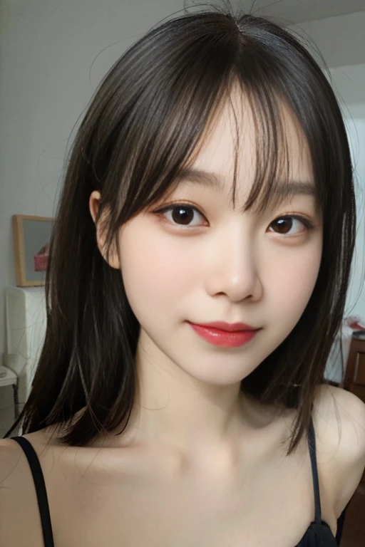 (16K、Raw photo、highest quality、masterpiece)、(realistic、Photoreal)、super detailed、Super high resolution、1、see the beholder、beautiful and detailed face、laughter、narrow、(slim waist) Beautiful and smooth skin、skin texture、floating hair、professional lighting、big breasts、Depiction of areola and nipple、Stripes and pubic area depiction　selfie　Centered on the face　smile
