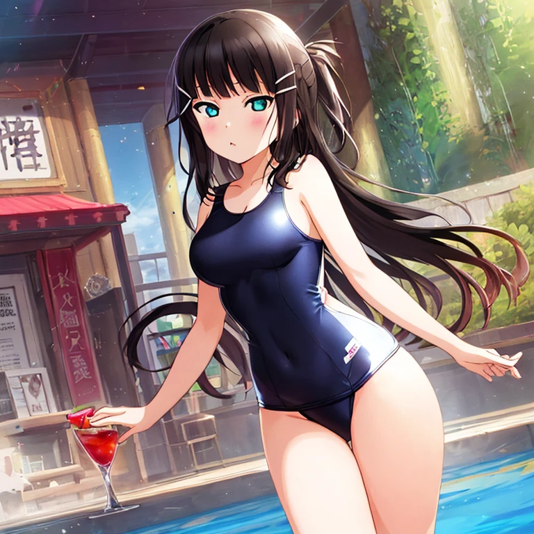 best quality, very aesthetic, Super detailed, best illustration, 1girl, おっぱい, black_hair, one-piece swimsuit, 椅子