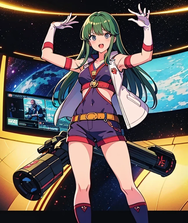 Reika Kirishima (Time Gal) with long green hair, small breasts, surprised expression, wearing only white gloves and white calf-high boots, a laser gun holster belt around her waist, breasts visible, cunt visible, thighs bare, knees bare, nude, standing inside a space station interior, in full view in high detail master quality