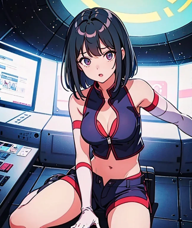 Reika Kirishima (Garota do tempo) com longos cabelos verdes, seios pequenos, surprised expression, nu, usando botas brancas de cano alto, um cinto de coldre de arma laser em volta da cintura, visible breasts, visible cunt, coxas nuas, joelhos nus, eletrocutado por energia brilhante, standing inside a space station, in full view with a high level of detail and master quality